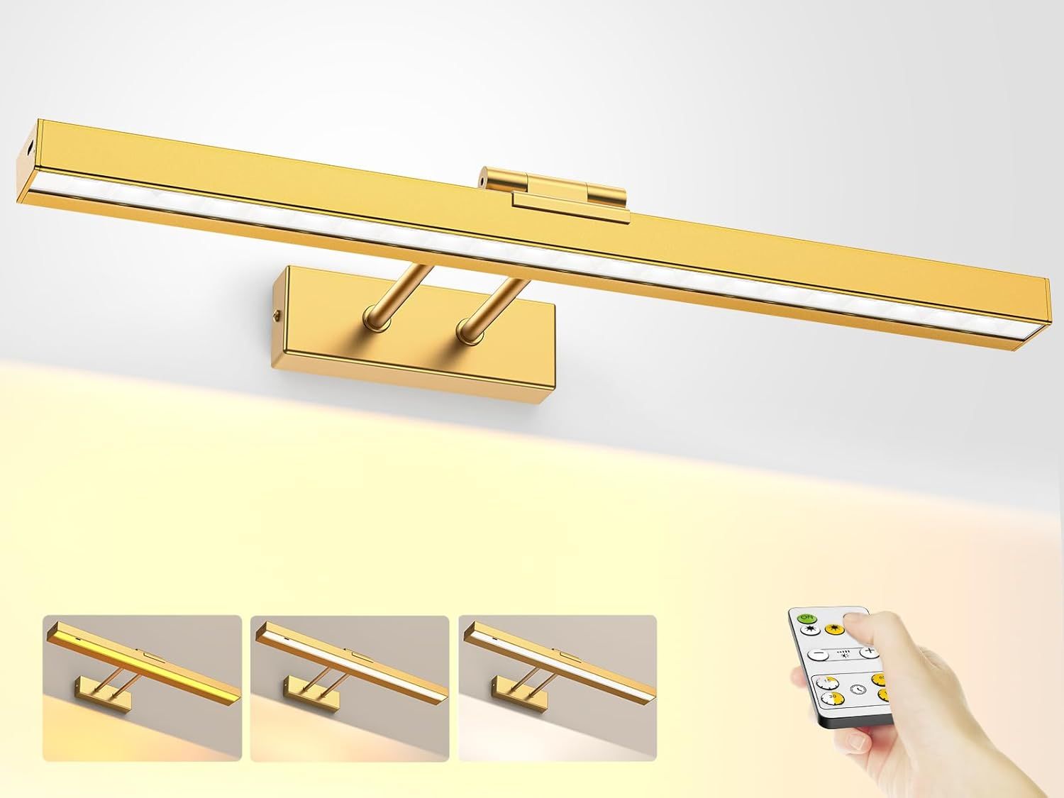 Picture Light Battery Operated, 16in Wireless Art Light for Paintings CCT Dimmable Recharging Battery Picture Light with Remote Control for Gallery Dartboard Art Bedroom Bathroom Gold - Image 1