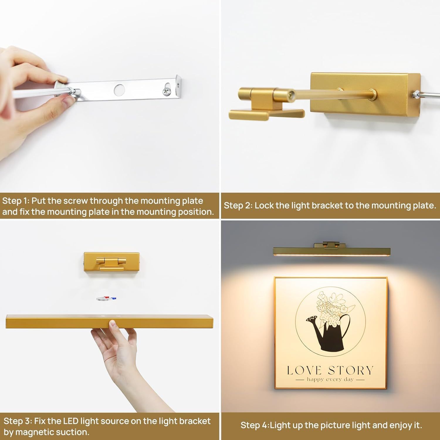 Picture Light Battery Operated, 16in Wireless Art Light for Paintings CCT Dimmable Recharging Battery Picture Light with Remote Control for Gallery Dartboard Art Bedroom Bathroom Gold - Image 2