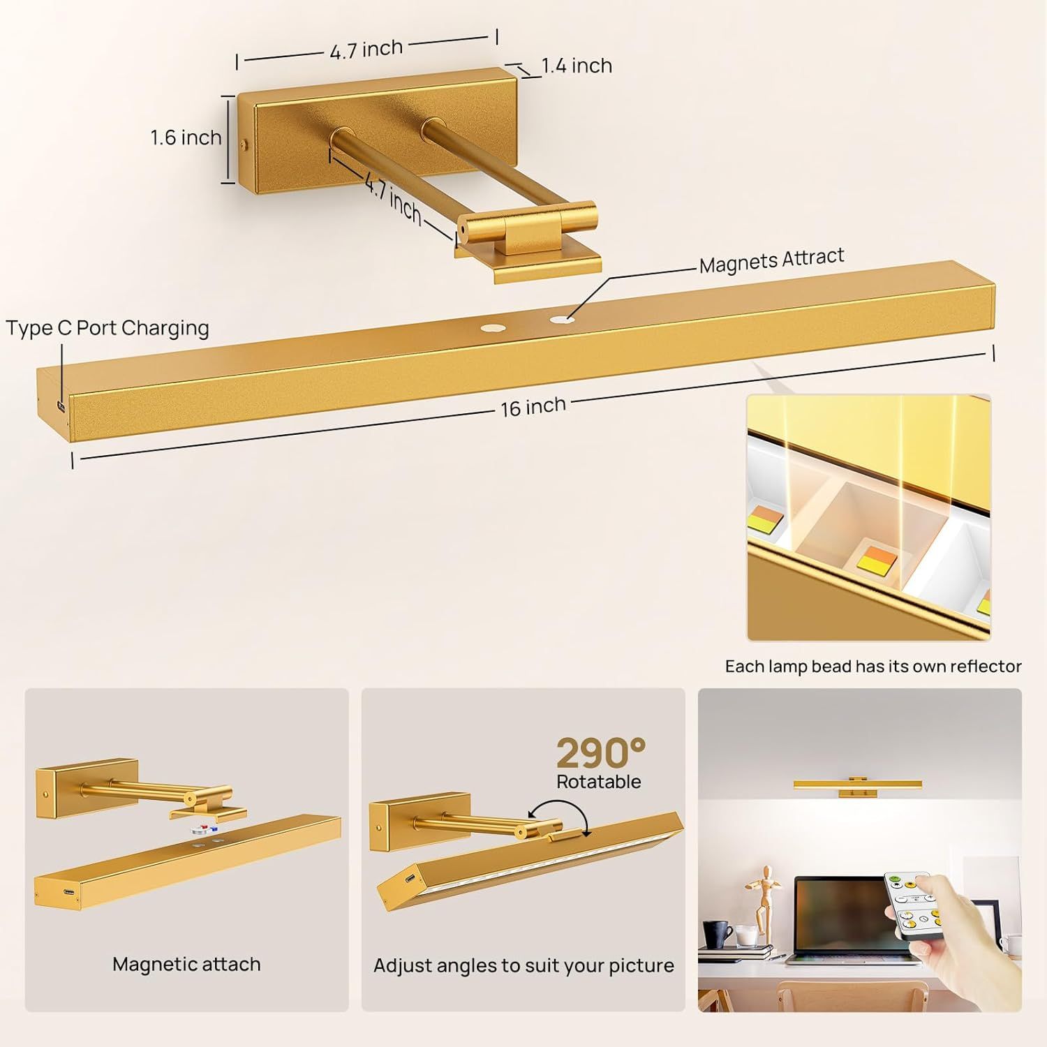 Picture Light Battery Operated, 16in Wireless Art Light for Paintings CCT Dimmable Recharging Battery Picture Light with Remote Control for Gallery Dartboard Art Bedroom Bathroom Gold - Image 3