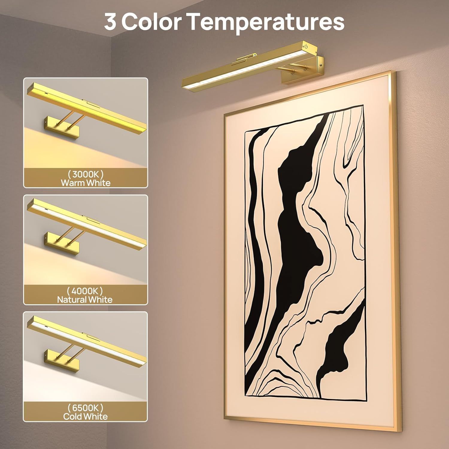 Picture Light Battery Operated, 16in Wireless Art Light for Paintings CCT Dimmable Recharging Battery Picture Light with Remote Control for Gallery Dartboard Art Bedroom Bathroom Gold - Image 4