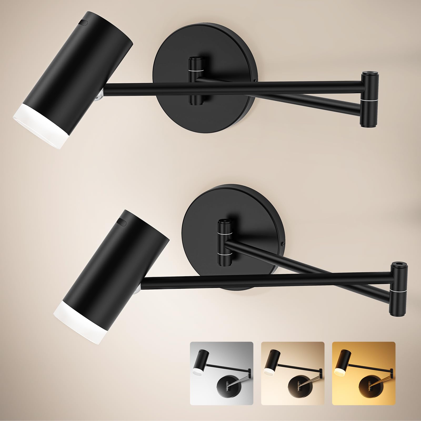 Battery Operated Wall Sconces Set of 2, Swing Arm Wall Lamp with Remote Control, Not Hardwired Led Wall Lamp Fixtures Dimmable Wall Light Decor for Bedroom Reading Living Room - Image 1