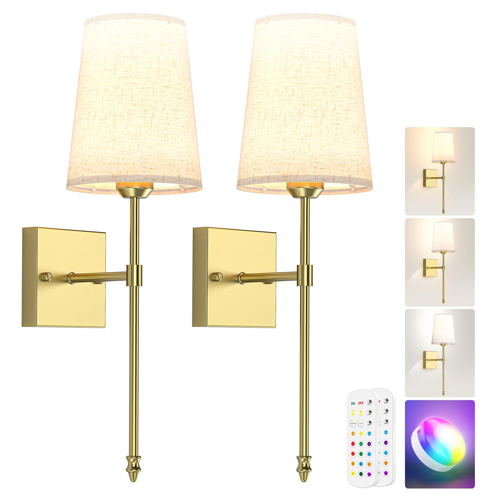 Battery Operated Wall Sconce, 5000mAh Rechargeable Dimmable RGB Wall Sconce Set of 2 with Remote, 3 Color Temperature Indoor Battery Powered Wall Lamp Light for Bedroom Living Room - Image 1