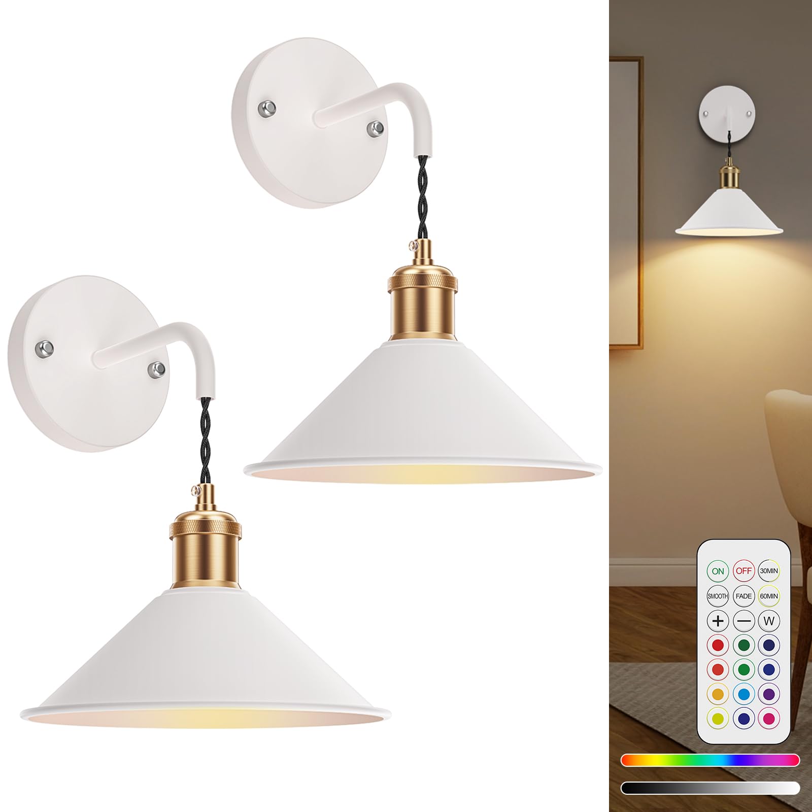 Battery Operated Wall Sconce, Wireless Wall Lights Set of 2, 13 RGB Colors Dimmable Battery Powered Wall Lamp with Remote, Memory Function, Timer for Bedroom, Living Room - Image 1