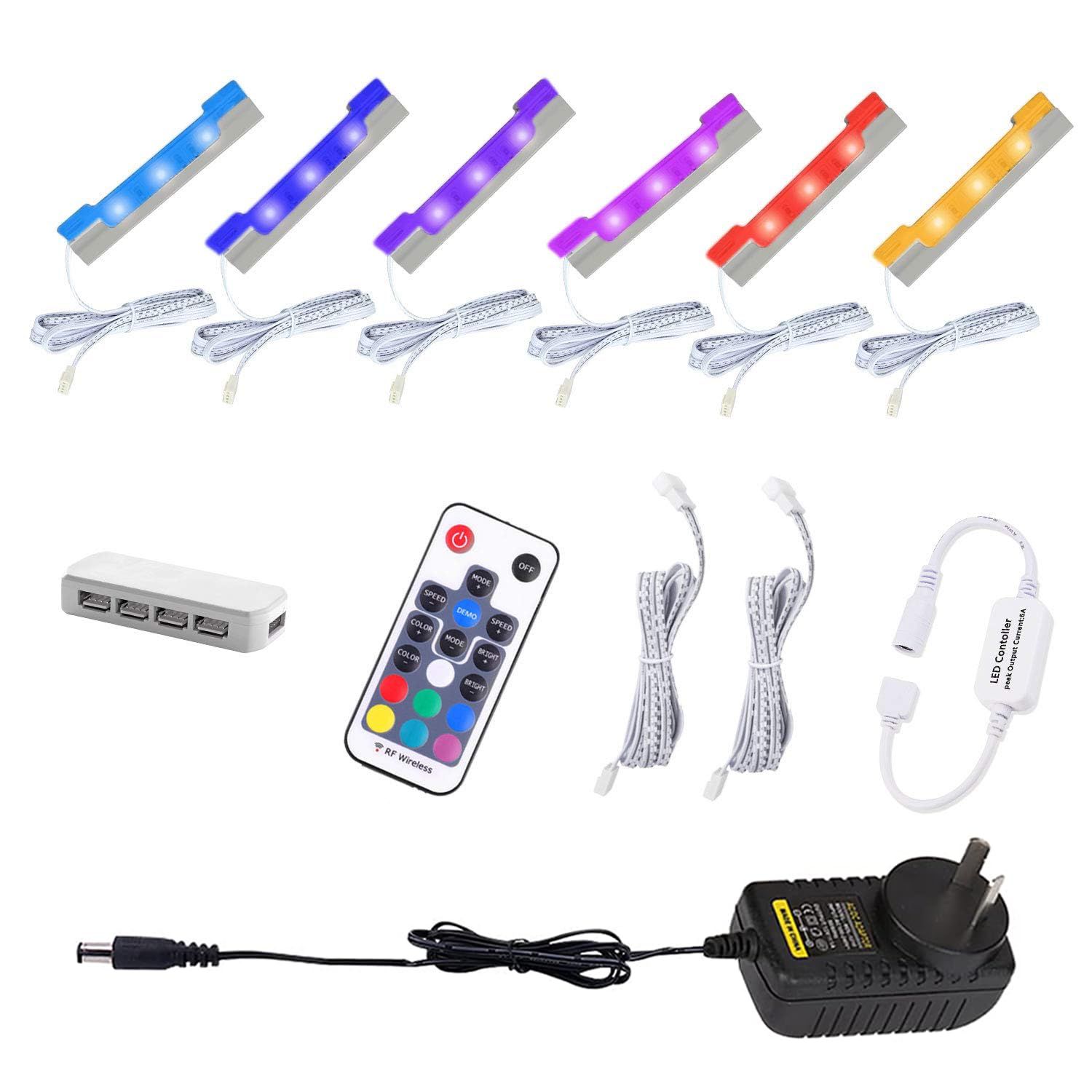LED Under Cabinet Night Lights Kit for Glass Edge Shelf Back Side Lighting Using Flexible Cable and Clip with RF Remote(6 Lights RGB) - Image 1