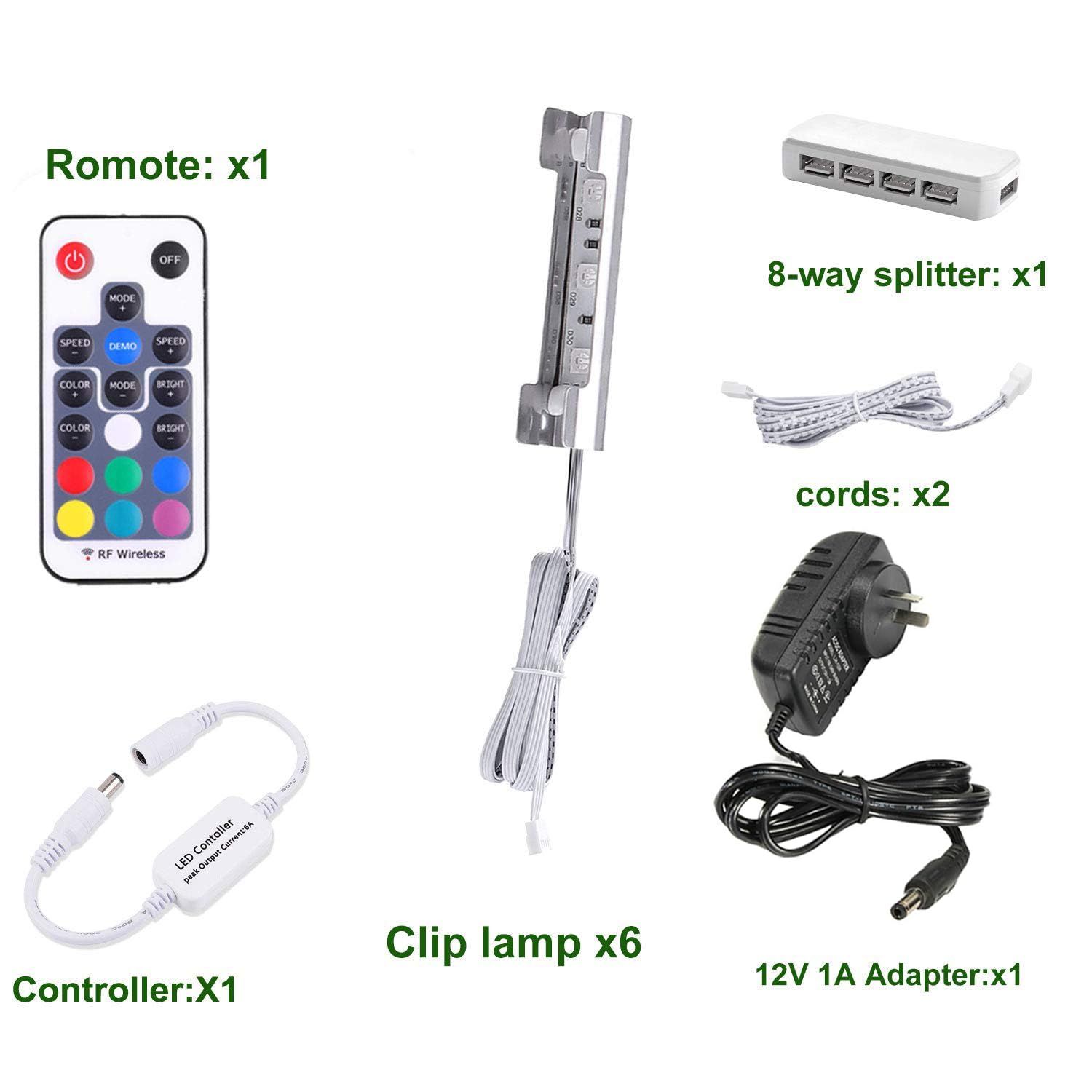 LED Under Cabinet Night Lights Kit for Glass Edge Shelf Back Side Lighting Using Flexible Cable and Clip with RF Remote(6 Lights RGB) - Image 5