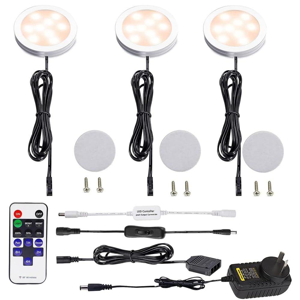 Dimmable LED Under Cabinet Lighting, Counter Showcase Kitchen Lighting Fixtures with 12V Plug in Adapter and Dimmable Wireless Remote Control, 3 Ultra Slim Puck Lights Kit (Warm White2700K) - Image 1