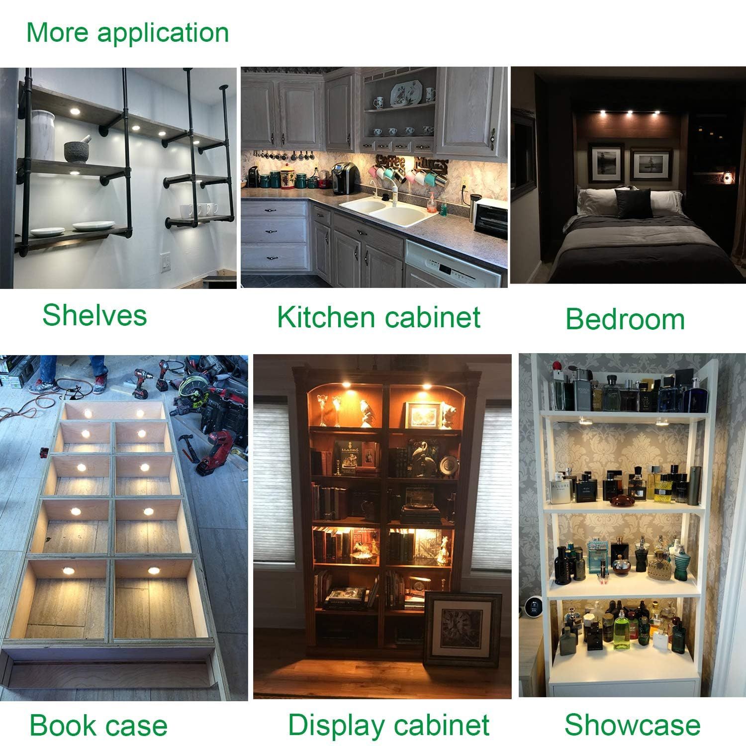 Dimmable LED Under Cabinet Lighting, Counter Showcase Kitchen Lighting Fixtures with 12V Plug in Adapter and Dimmable Wireless Remote Control, 3 Ultra Slim Puck Lights Kit (Warm White2700K) - Image 5