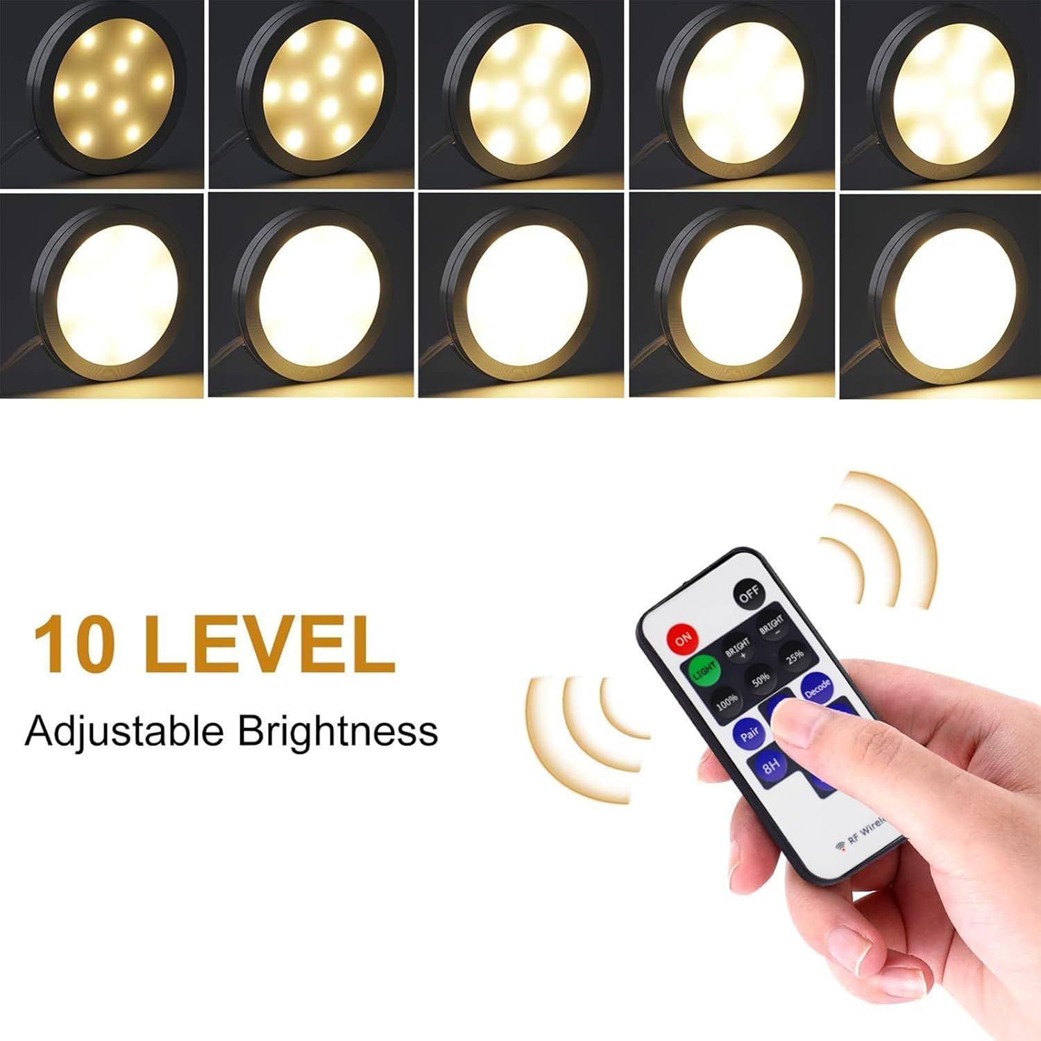 Dimmable LED Under Cabinet Lighting, Counter Showcase Kitchen Lighting Fixtures with 12V Plug in Adapter and Dimmable Wireless Remote Control, 3 Ultra Slim Puck Lights Kit (Warm White2700K) - Image 7