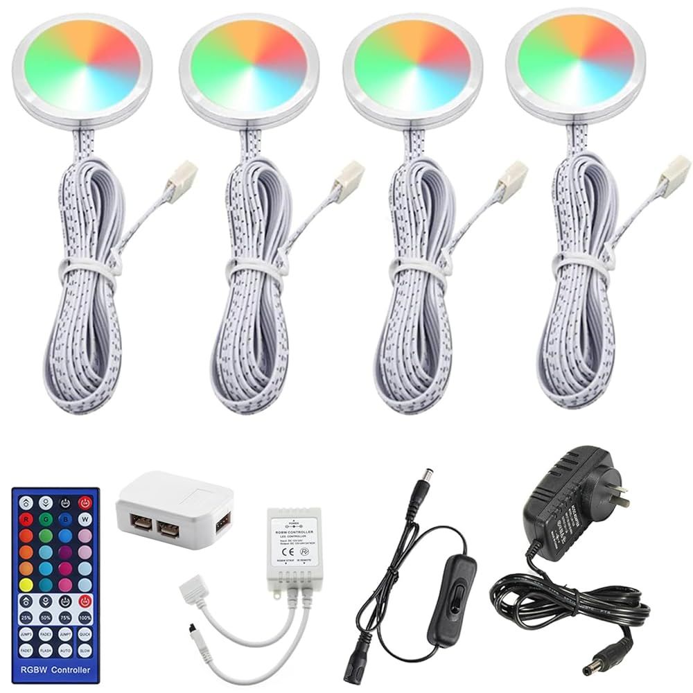 RGBWW RGB + Warm White Color Changing Christmas Xmas Under Cabinet LED Lights Kit IR Remote Puck Lights for Kitchen Counter Shelf Furniture Ambiance Lighting (RGBWW, 4 Lights, 12W) - Image 1