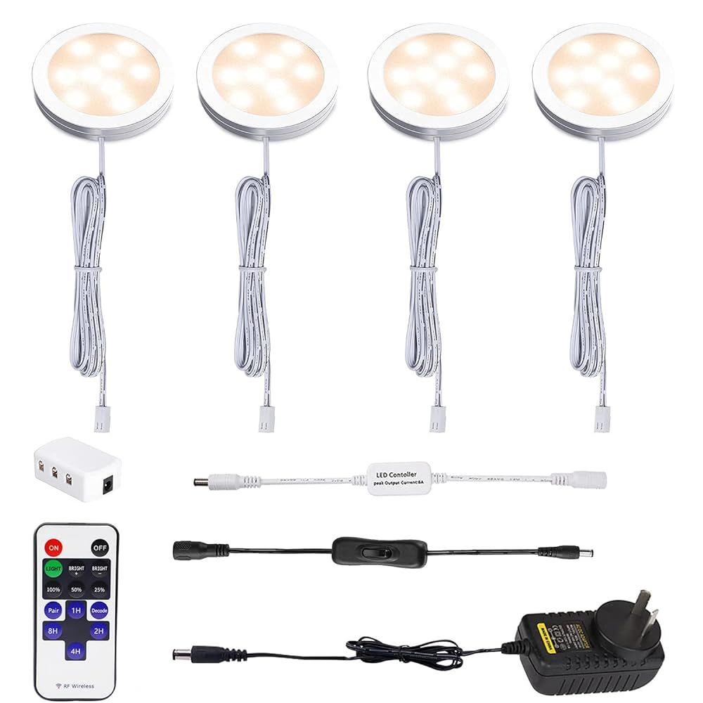 Dimmable LED Under Cabinet Lighting, Counter Showcase Kitchen Lighting Fixtures with 12V Plug in adapter and Dimmable Wireless Remote Control, 4 Ultra Slim Puck Lights Kit (Warm White) - Image 1