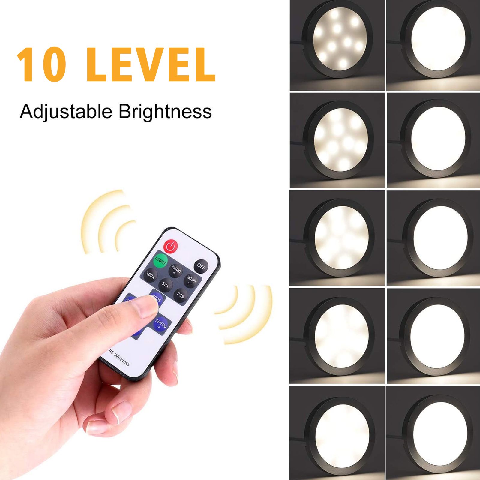 Dimmable LED Under Cabinet Lighting, Counter Showcase Kitchen Lighting Fixtures with 12V Plug in adapter and Dimmable Wireless Remote Control, 4 Ultra Slim Puck Lights Kit (Warm White) - Image 2