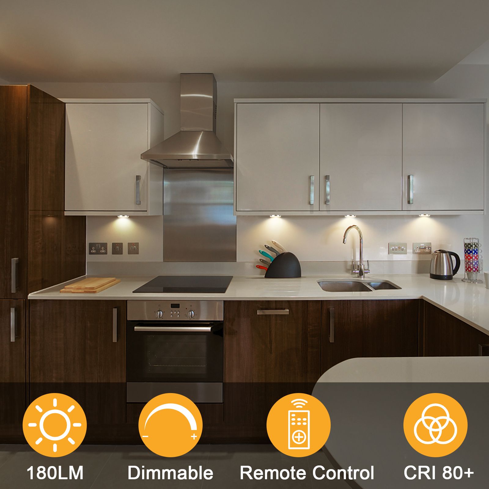 Dimmable LED Under Cabinet Lighting, Counter Showcase Kitchen Lighting Fixtures with 12V Plug in adapter and Dimmable Wireless Remote Control, 4 Ultra Slim Puck Lights Kit (Warm White) - Image 5