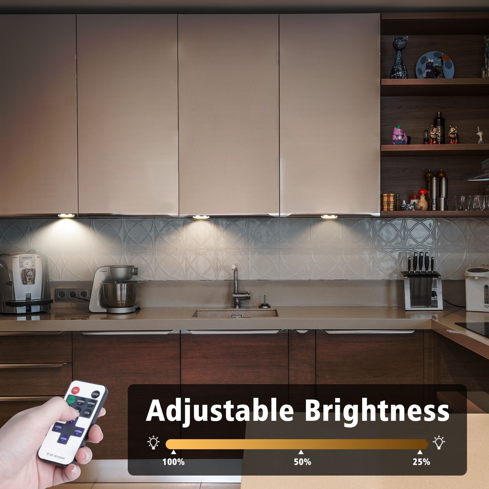 Dimmable LED Under Cabinet Lighting, Counter Showcase Kitchen Lighting Fixtures with 12V Plug in adapter and Dimmable Wireless Remote Control, 4 Ultra Slim Puck Lights Kit (Warm White) - Image 7