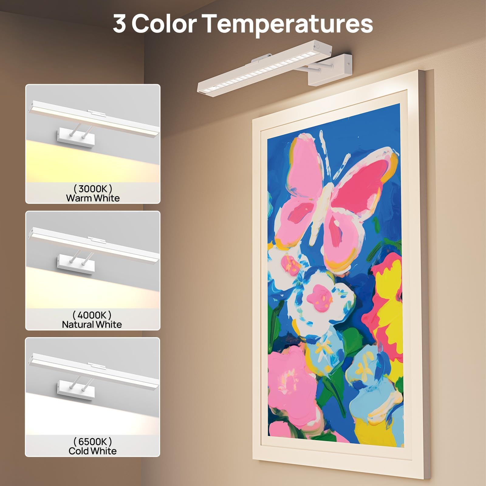 Picture Light Battery Operated, 16in Wireless Art Light for Paintings CCT Dimmable Recharging Battery Picture Light with Remote Control for Gallery Dartboard Art Bedroom Bathroom White - Image 2