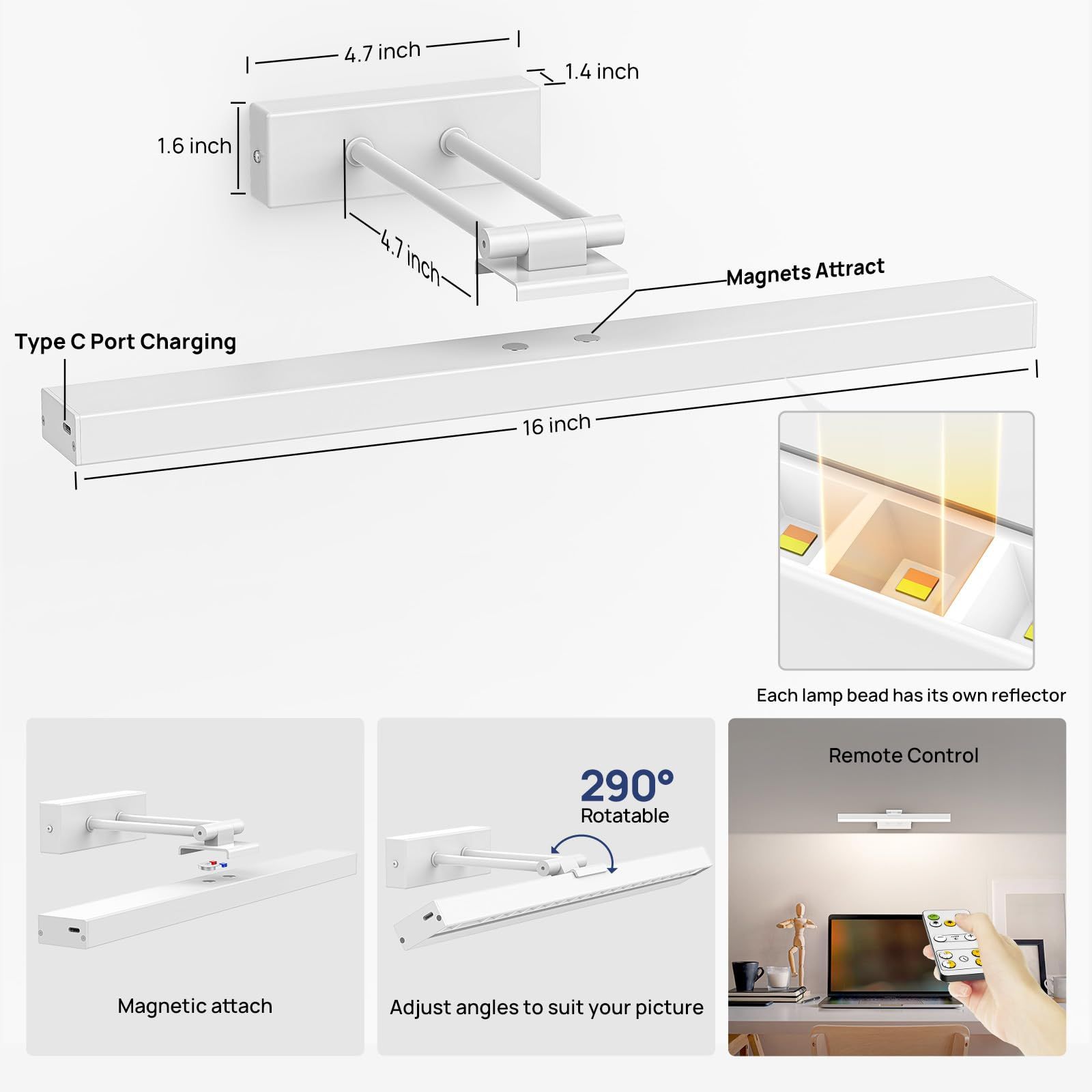 Picture Light Battery Operated, 16in Wireless Art Light for Paintings CCT Dimmable Recharging Battery Picture Light with Remote Control for Gallery Dartboard Art Bedroom Bathroom White - Image 3