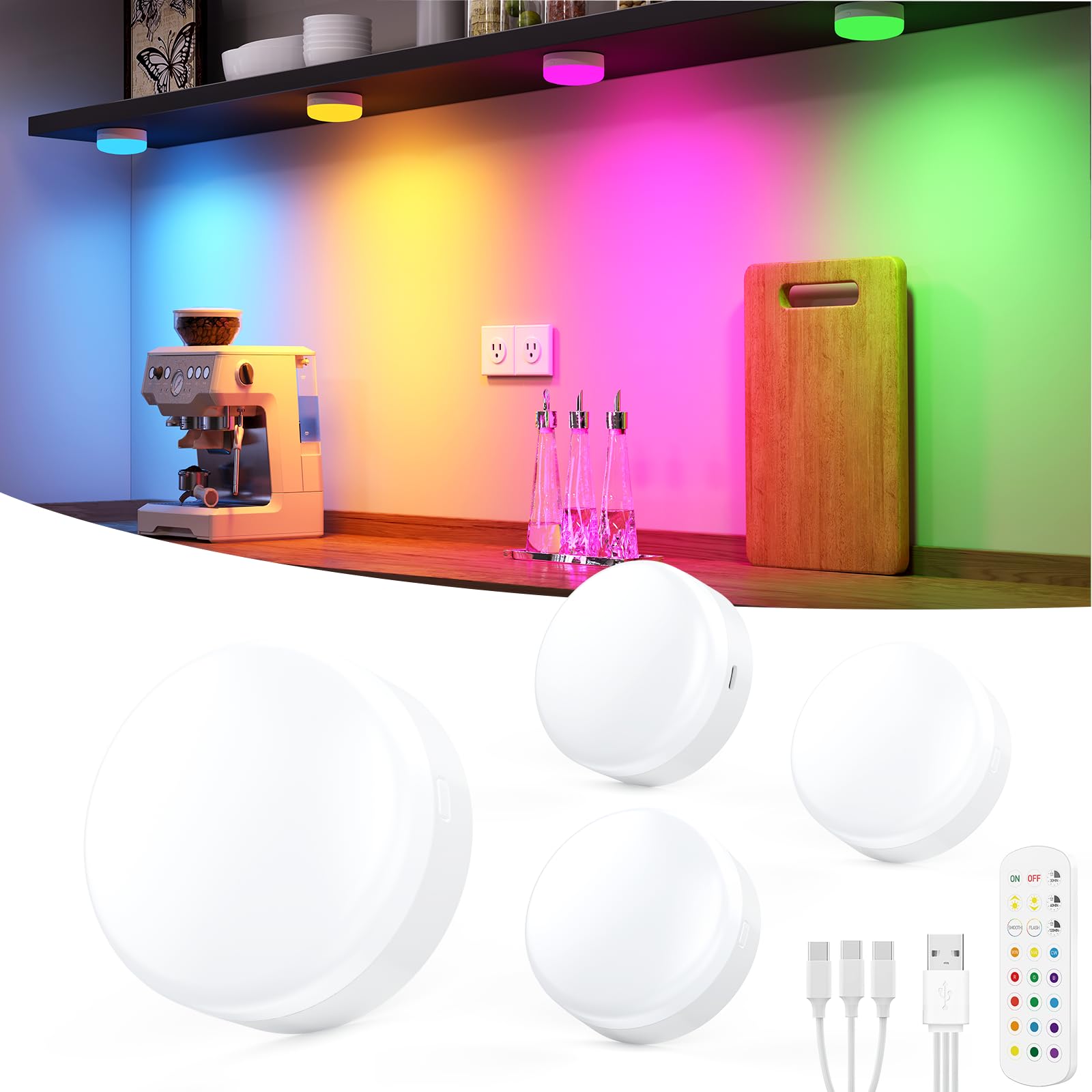 Puck Lights with Remote Control, 4-Pack Wireless Stick On Lights for Under Cabinet, Closet, Bedroom, Staircase & Bookshelf, 3000mAh Battery Operated Color Changing Lighting (RGB&CCT) - Image 1