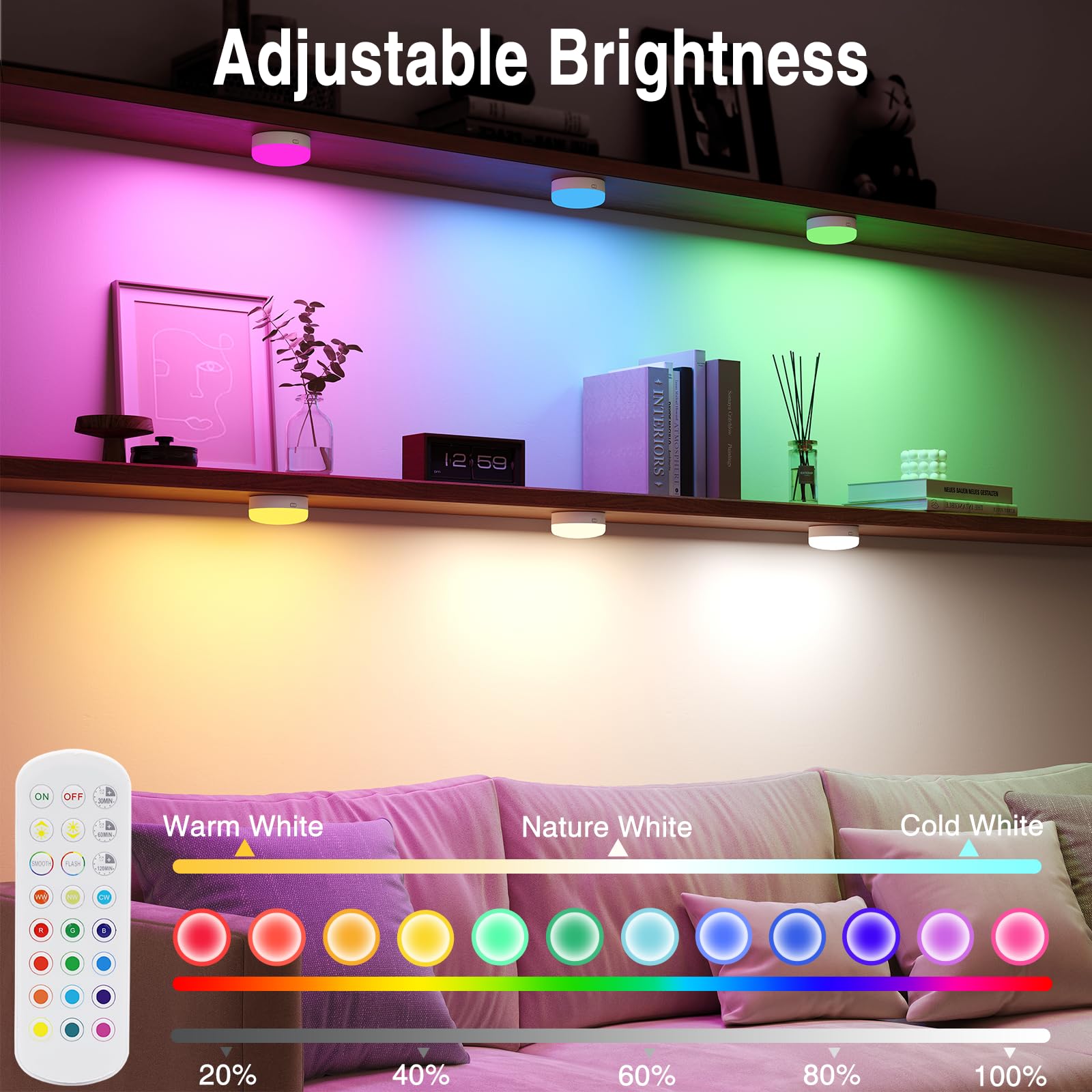Puck Lights with Remote Control, 4-Pack Wireless Stick On Lights for Under Cabinet, Closet, Bedroom, Staircase & Bookshelf, 3000mAh Battery Operated Color Changing Lighting (RGB&CCT) - Image 6