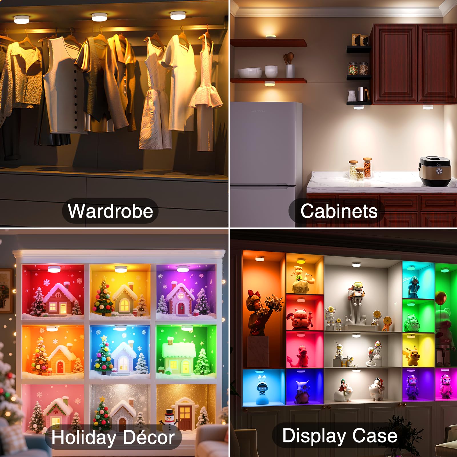 Puck Lights with Remote Control, 4-Pack Wireless Stick On Lights for Under Cabinet, Closet, Bedroom, Staircase & Bookshelf, 3000mAh Battery Operated Color Changing Lighting (RGB&CCT) - Image 7