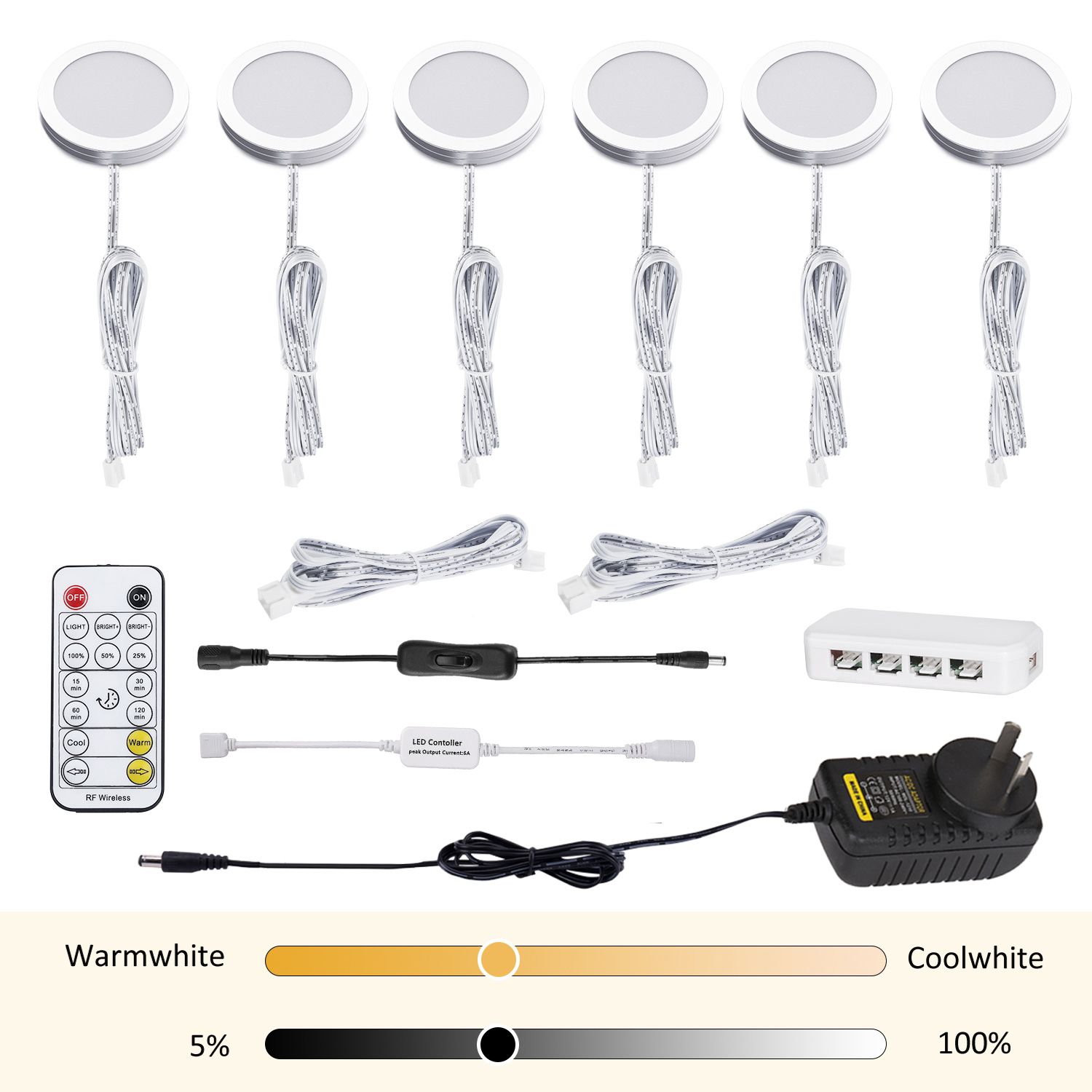 LED Under Cabinet Puck Lights, Color Temperature Changeable Under Counter Lighting，Warm+White Dual Color with Dimmable Controller for Kitchen Shelf Ambiance Accent Lighting (6 Lights) - Image 1