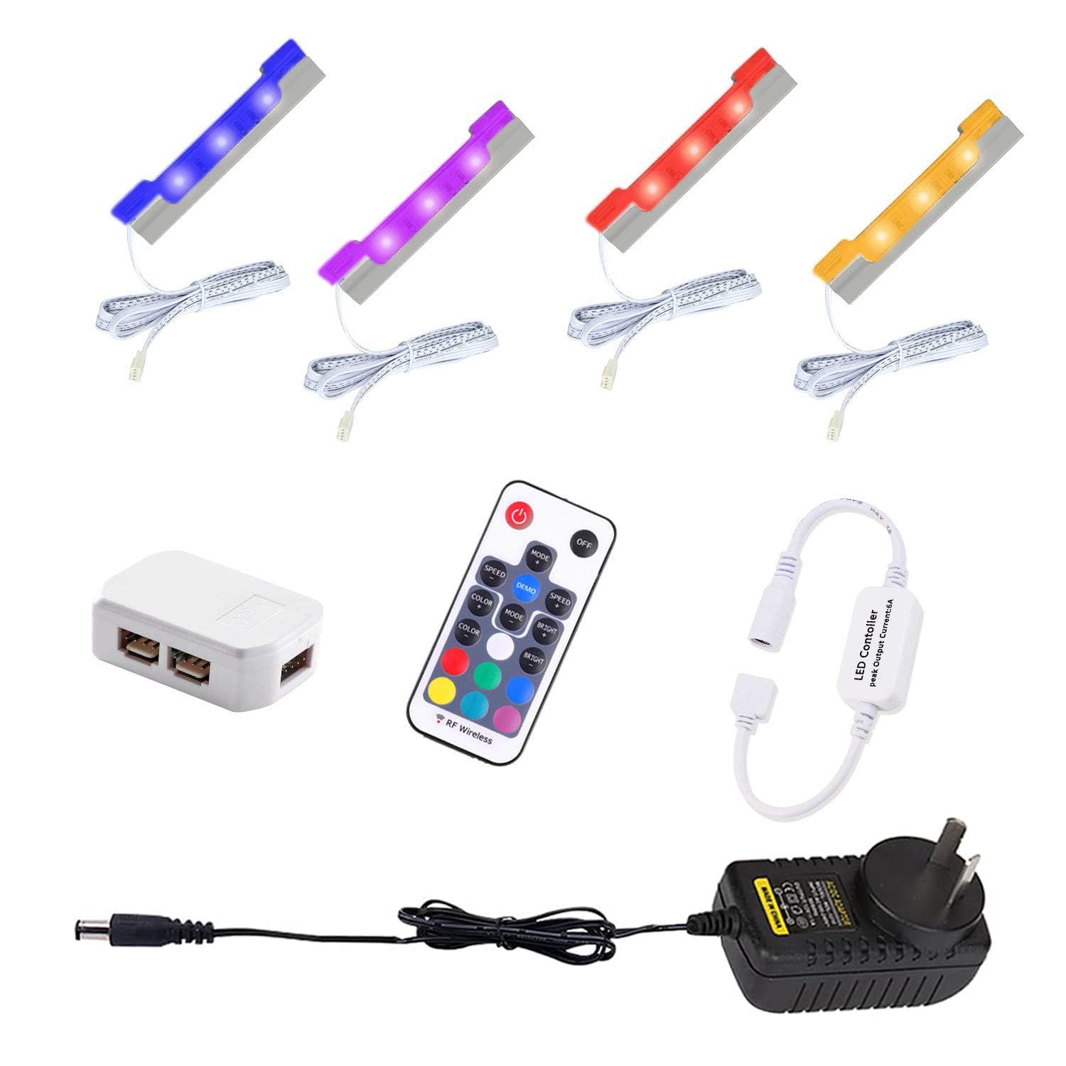 LED Under Cabinet Night Lights Kit for Glass Edge Shelf Back Side Lighting Using Flexible Cable and Clip with RF Remote(4 lights, RGB) - Image 1