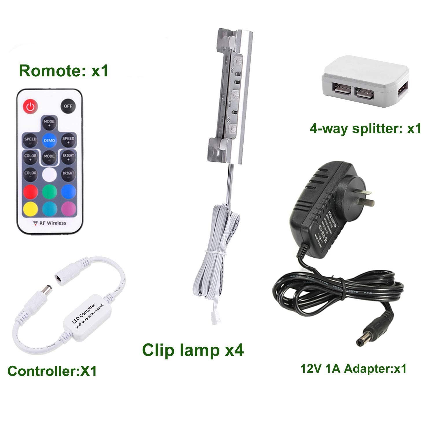 LED Under Cabinet Night Lights Kit for Glass Edge Shelf Back Side Lighting Using Flexible Cable and Clip with RF Remote(4 lights, RGB) - Image 7