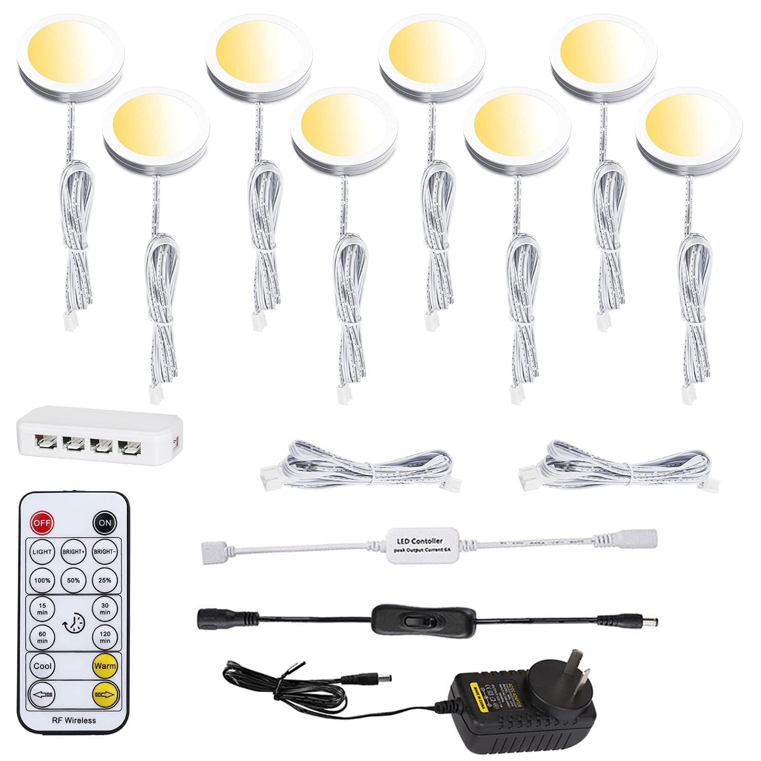 LED Under Cabinet Puck Lights CCT Light Color Temperature Adjustable Warm+White Double Color with Dimmable RF Remote Controller for Kitchen Shelf Ambiance Display Lighting (8 Lights, 24W) - Image 1