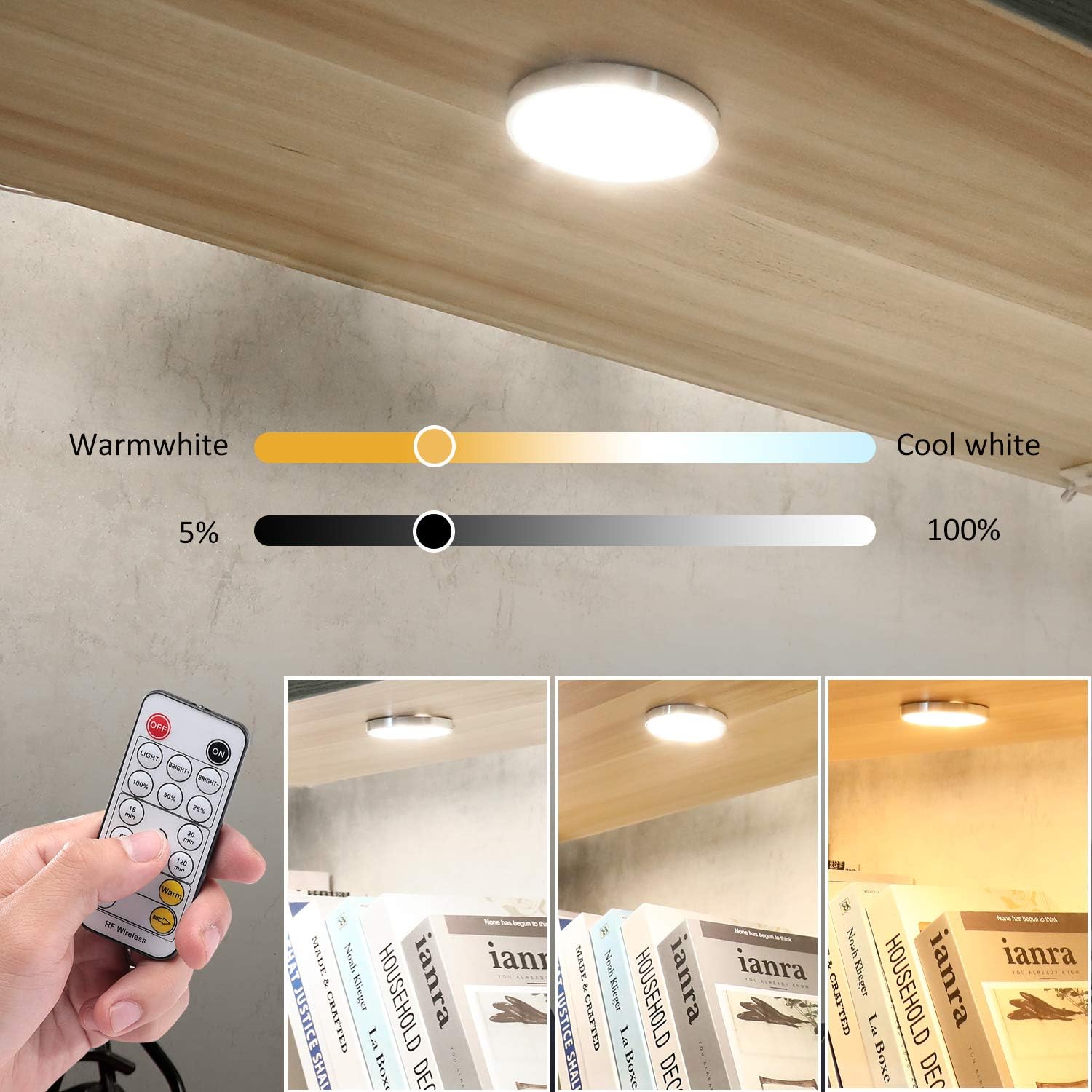 LED Under Cabinet Puck Lights CCT Light Color Temperature Adjustable Warm+White Double Color with Dimmable RF Remote Controller for Kitchen Shelf Ambiance Display Lighting (8 Lights, 24W) - Image 5
