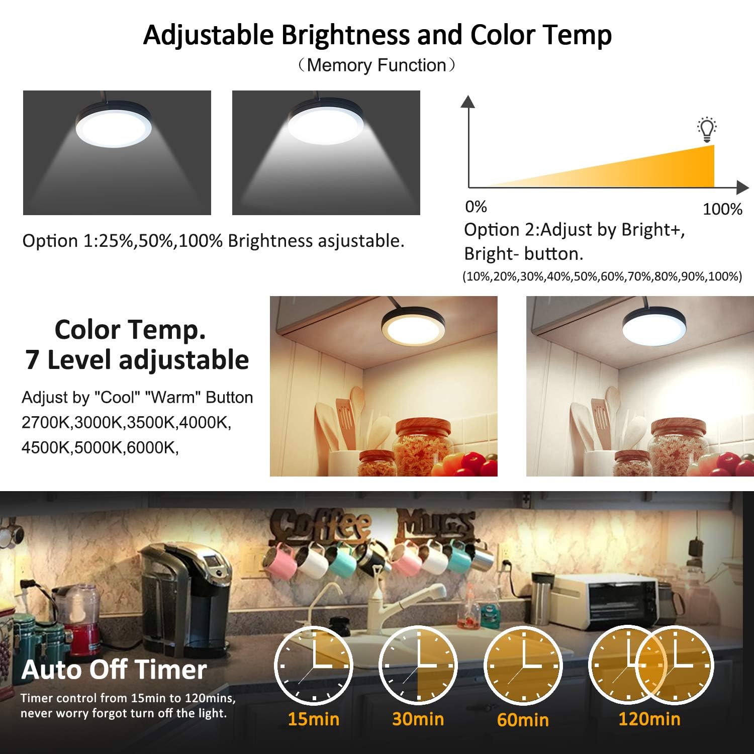 LED Under Cabinet Puck Lights CCT Light Color Temperature Adjustable Warm+White Double Color with Dimmable RF Remote Controller for Kitchen Shelf Ambiance Display Lighting (8 Lights, 24W) - Image 6
