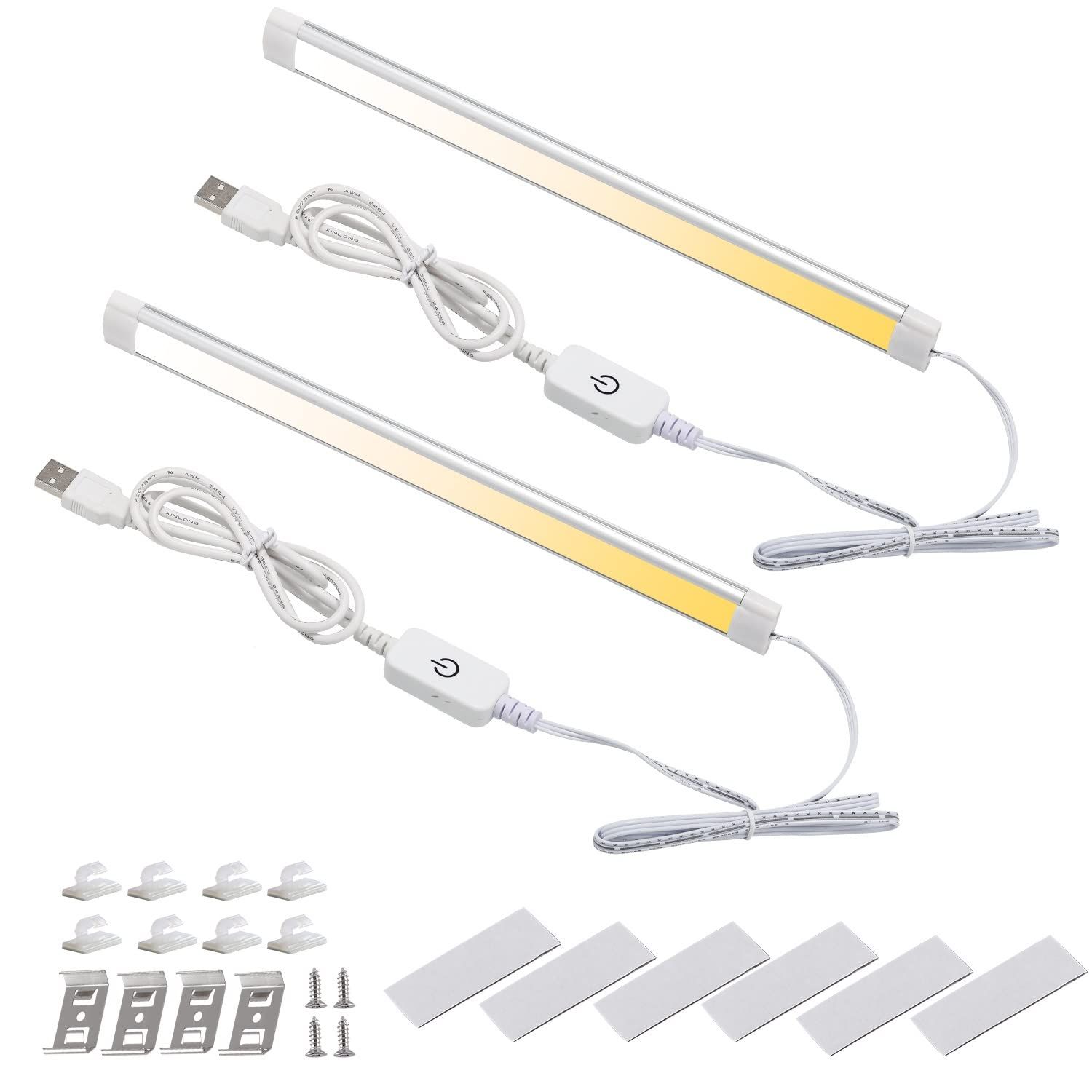 Dimmable LED Under Cabinet Lighting,5V USB Powered Closet Light Bar with Touch Sensor,Plug Under Counter Strip Lights with 3 Color Temperature for Kitchen Cupboard Shelf Bookcase (11.2inch 2PACK) - Image 1
