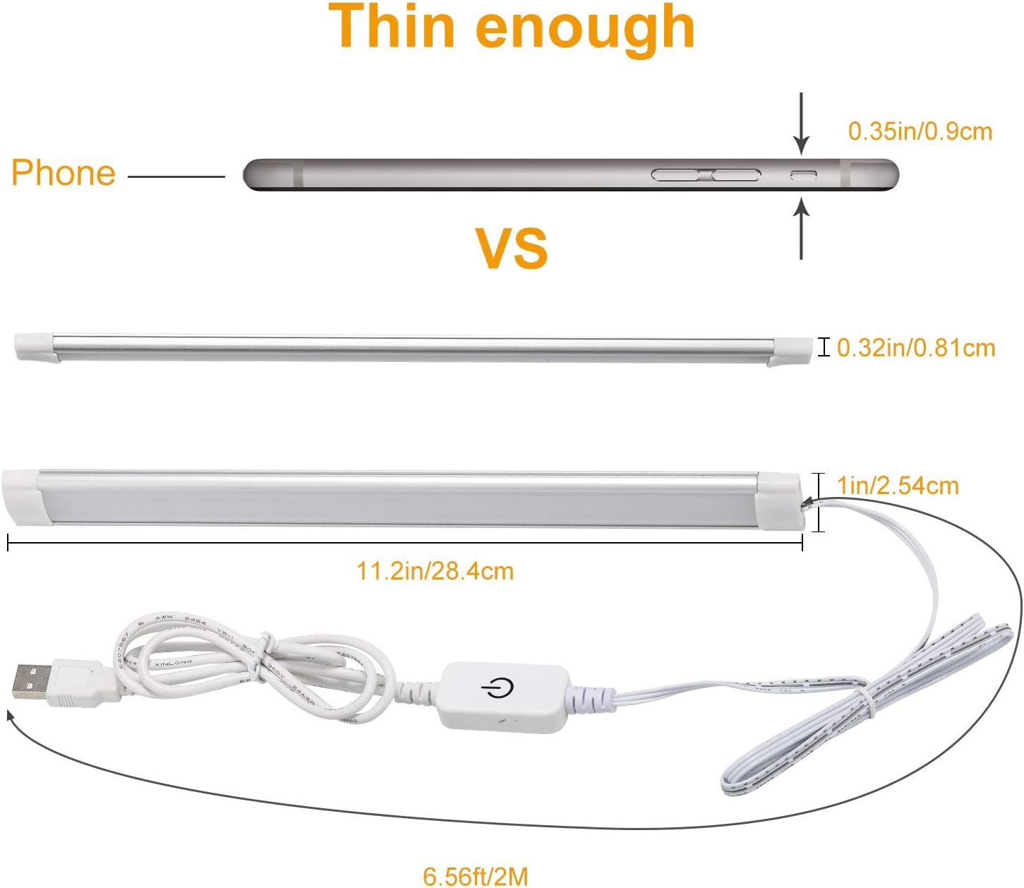 Dimmable LED Under Cabinet Lighting,5V USB Powered Closet Light Bar with Touch Sensor,Plug Under Counter Strip Lights with 3 Color Temperature for Kitchen Cupboard Shelf Bookcase (11.2inch 2PACK) - Image 2