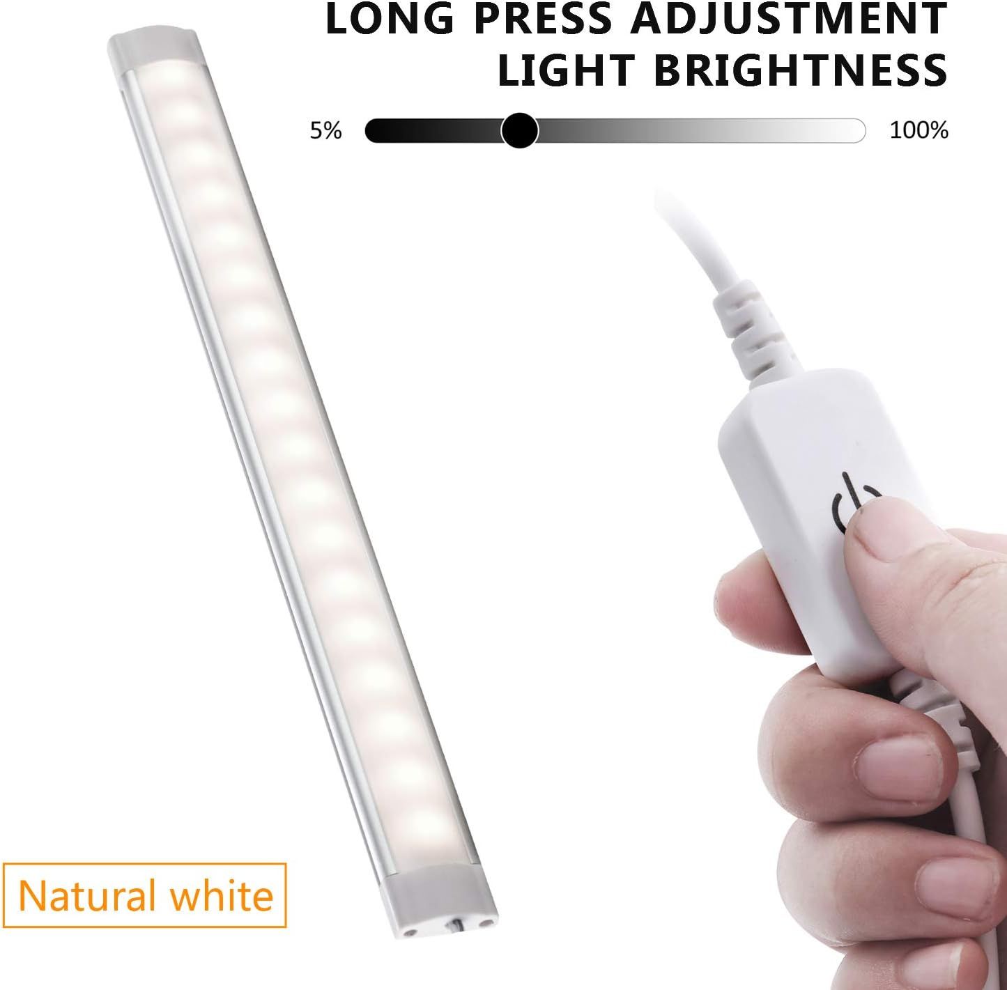 Dimmable LED Under Cabinet Lighting,5V USB Powered Closet Light Bar with Touch Sensor,Plug Under Counter Strip Lights with 3 Color Temperature for Kitchen Cupboard Shelf Bookcase (11.2inch 2PACK) - Image 3