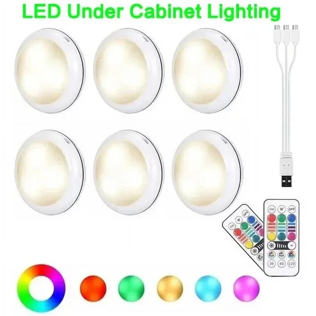 USB Rechangeable RGBW LED Cabinet Light Puck Lights 16Colors Timmer Remote Control 6 Pack - Image 1