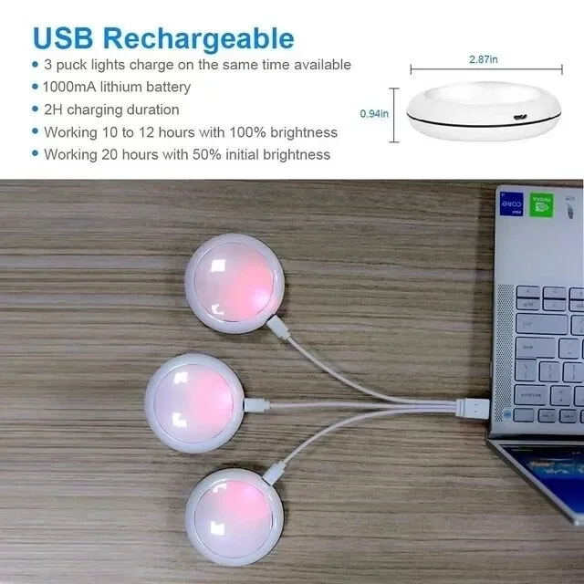 USB Rechangeable RGBW LED Cabinet Light Puck Lights 16Colors Timmer Remote Control 6 Pack - Image 6