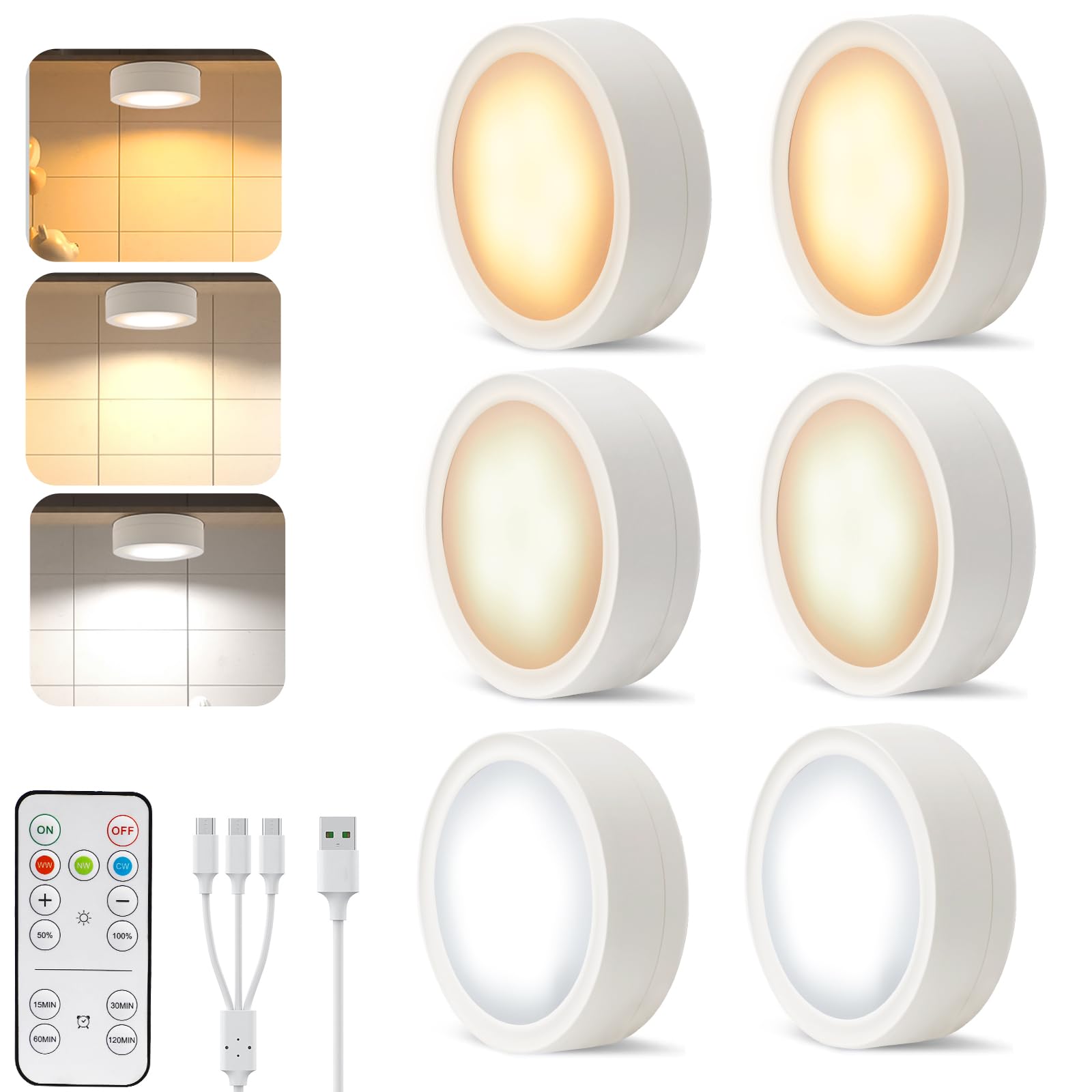 Pack of 6 Under-Unit Lights Kitchen LED Cabinet Lighting Wireless with Remote Control Cabinet Lighting Rechargeable Battery Dimmable Under Cabinet Light for Showcases, Wine Cabinet - Image 1
