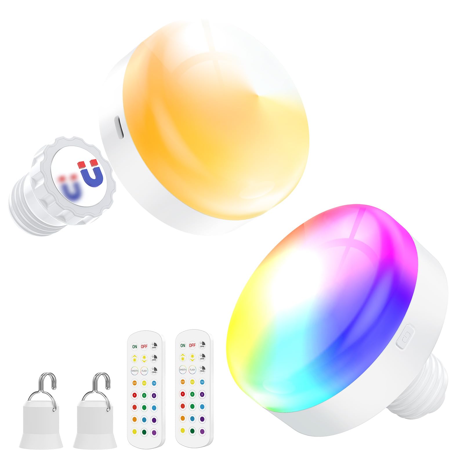 Battery Operated Light Bulbs, 5000mAh Rechargeable Light Bulb Set of 2 with Remote, 3 Colors 10 Levels Dimmable Fabric Wireless Sconces Light Bulb with Timer for Bedroom Living Room - Image 1