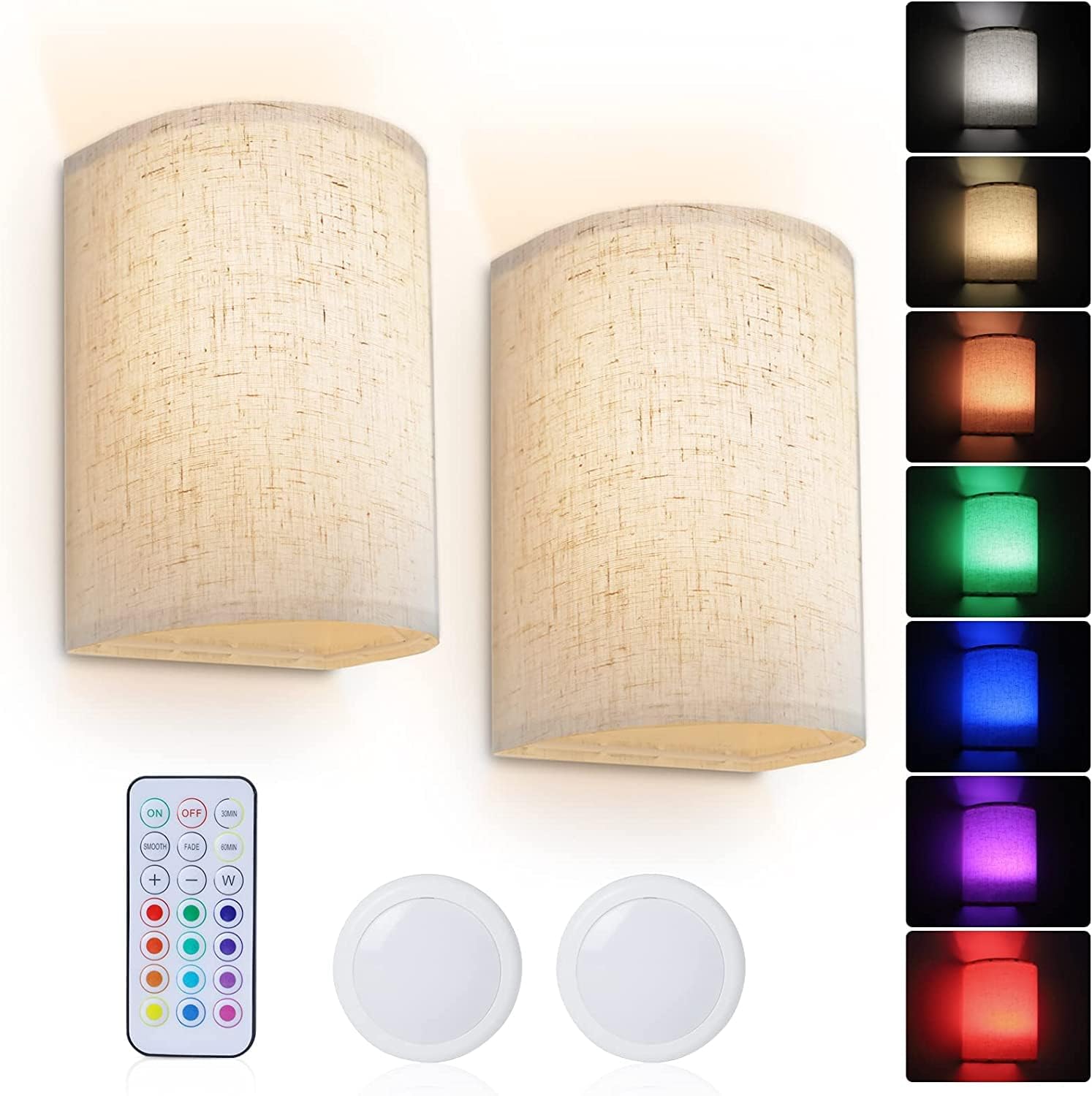 Battery Operated Wall Lights Indoor with Remote, Wireless LED Wall Lights with Fabric Shade, 12 Colors + Day White Changeable Dimmable Wall Lamp for Living Room Bedroom Hallway - Image 1