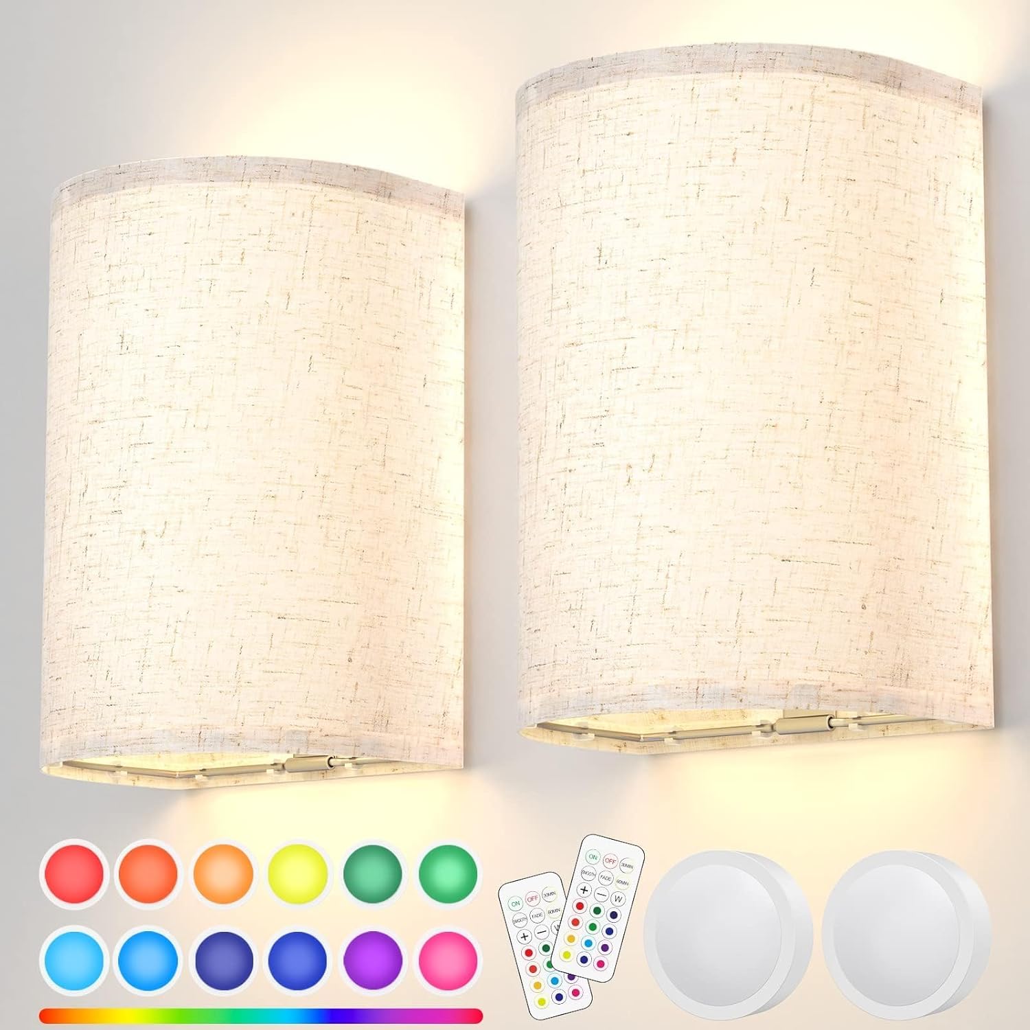 Wall Lights Set of 2, Battery Operated Fabric Sconce with Remote, LED Lamps in RGB+Warm White, Dimmable Timer for Bedroom and Living Room Lighting - Image 1