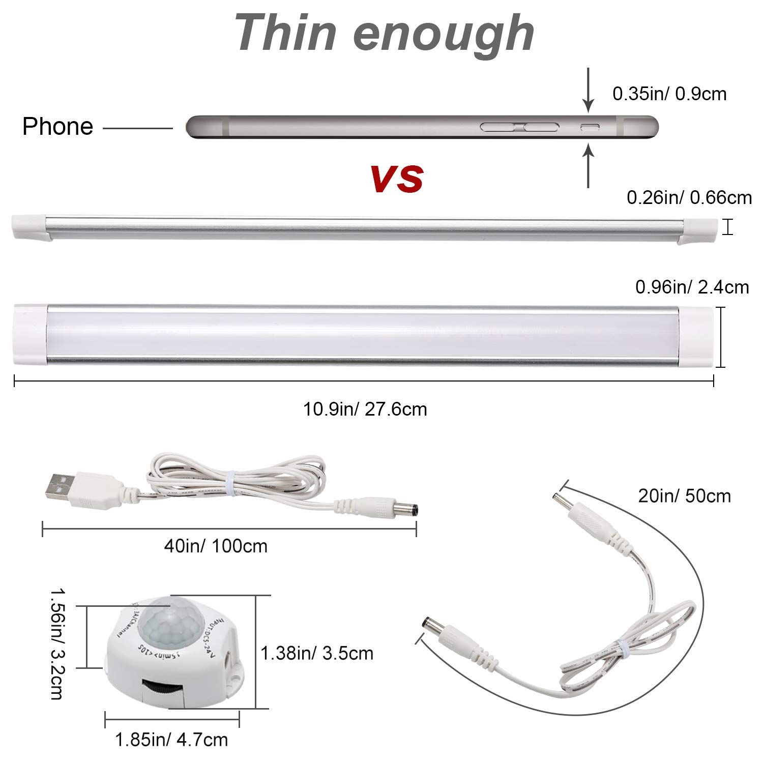 LED Motion Sensor Cabinet Light,2 Pack USB Powered Closet Night Light,20 inch Under Counter Lighting Kit with Automatic Shut Off Timer for Kitchen Pantry Wardrobe Cupboard (Natural White 4000K) - Image 3