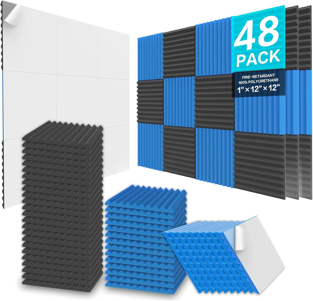 JBER Acoustic Panels  Foam Wedges 48pcs 30x30x2.5cm for Soundproof Padding Wall Black&Blue - Image 1