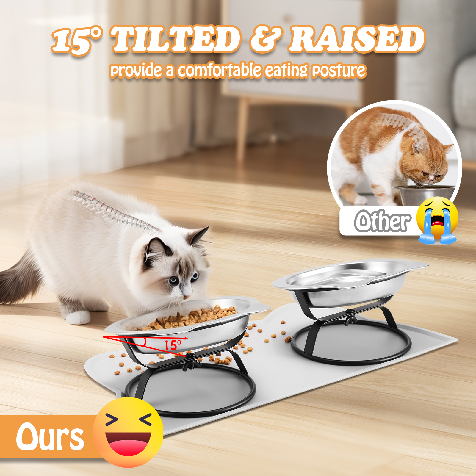 Elevated Cat Bowls with Food Mat & Metal Stand - 7.1