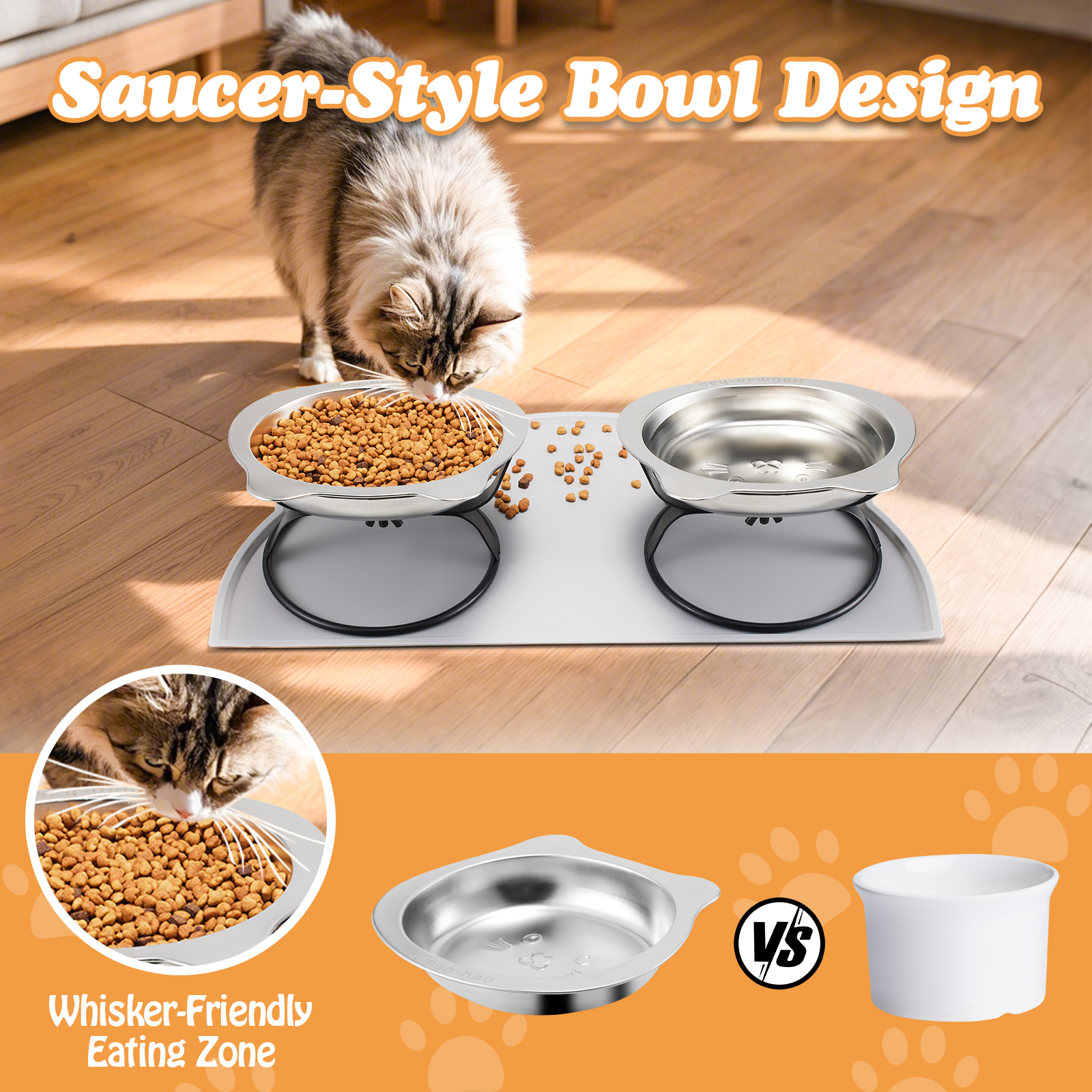 Elevated Cat Bowls with Food Mat & Metal Stand - 7.1