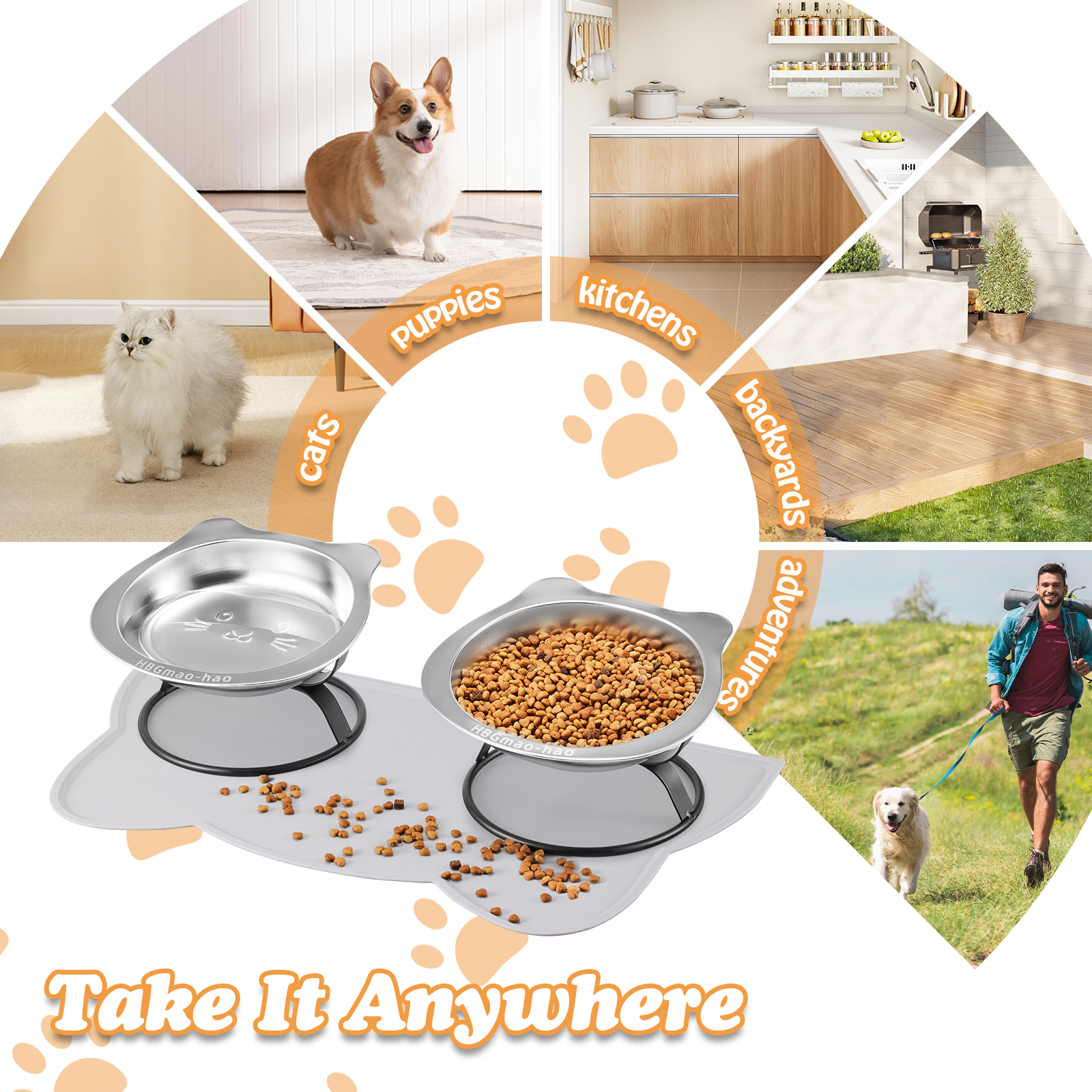 Elevated Cat Bowls with Food Mat & Metal Stand - 7.1
