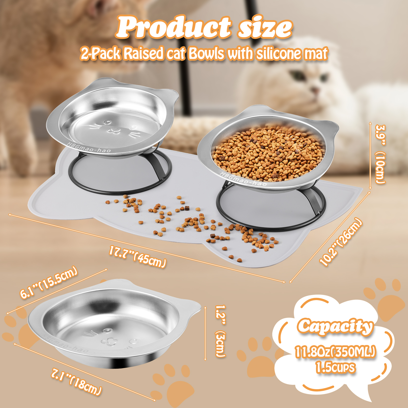 Elevated Cat Bowls with Food Mat & Metal Stand - 7.1