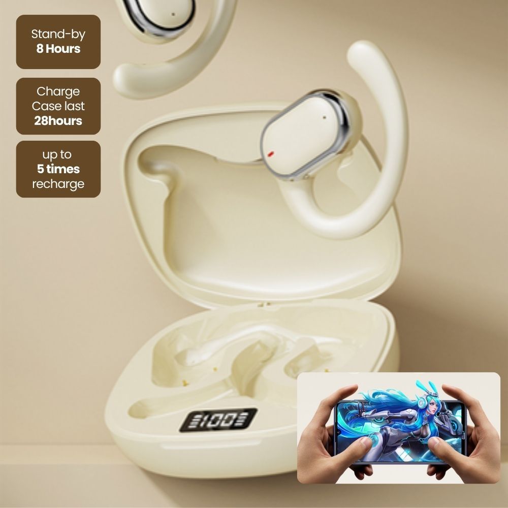 Bluetooth 5.3 Wireless Earbuds Deep Bass Over Ear - Beige - Image 1