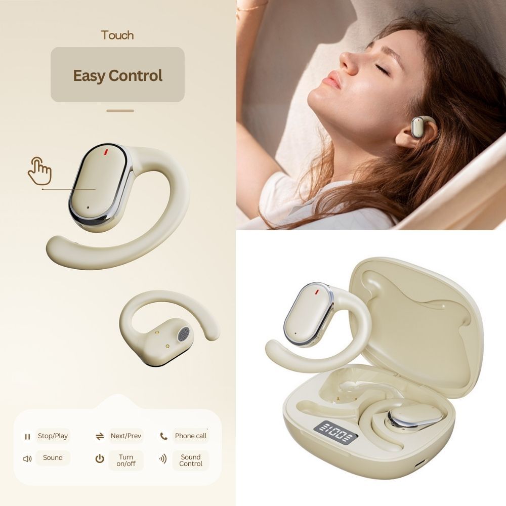 Bluetooth 5.3 Wireless Earbuds Deep Bass Over Ear - Beige - Image 3