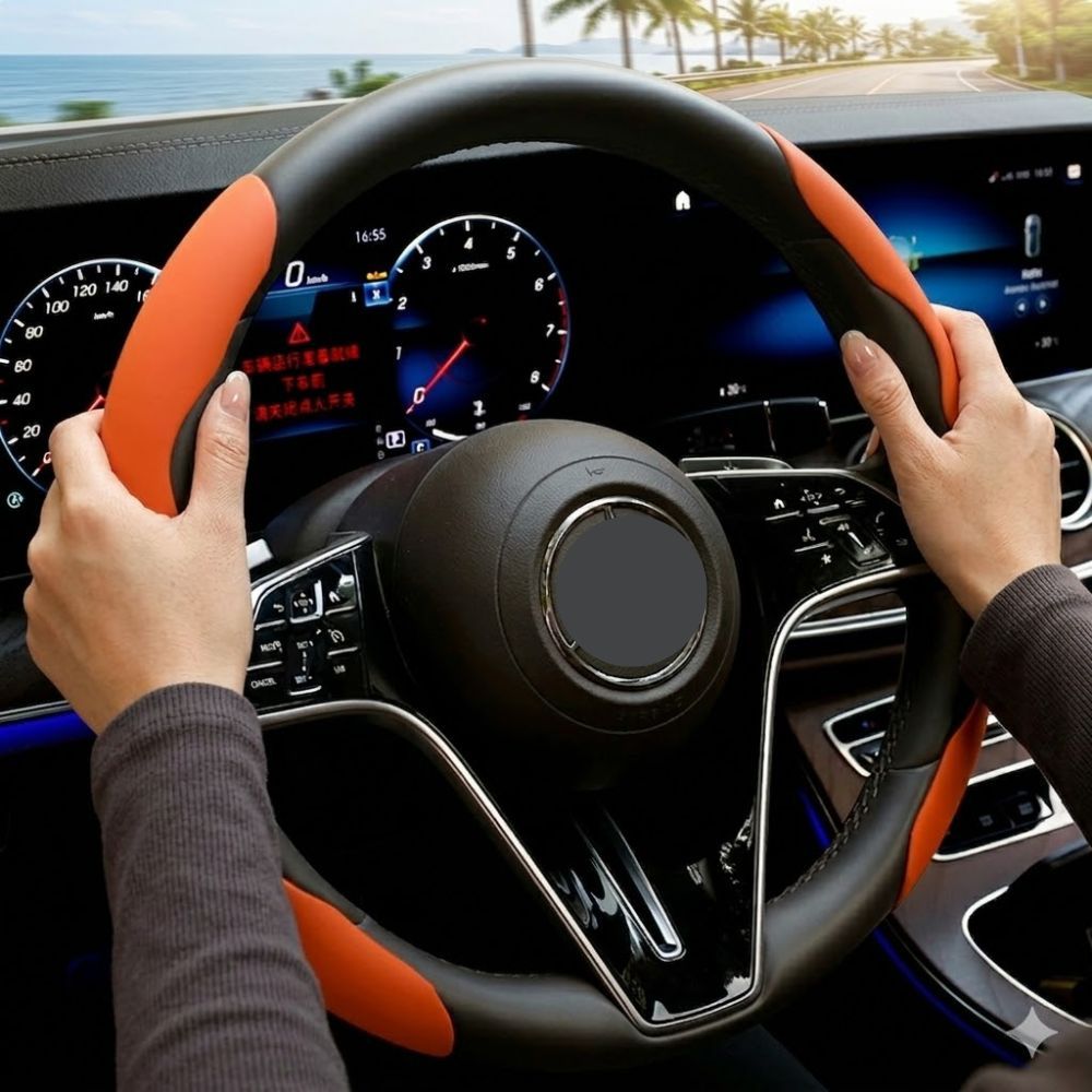 2Pcs Soft Breathable Anti-Slip Faux Leather Steering Wheel Protector Car Cover- Orange - Image 7