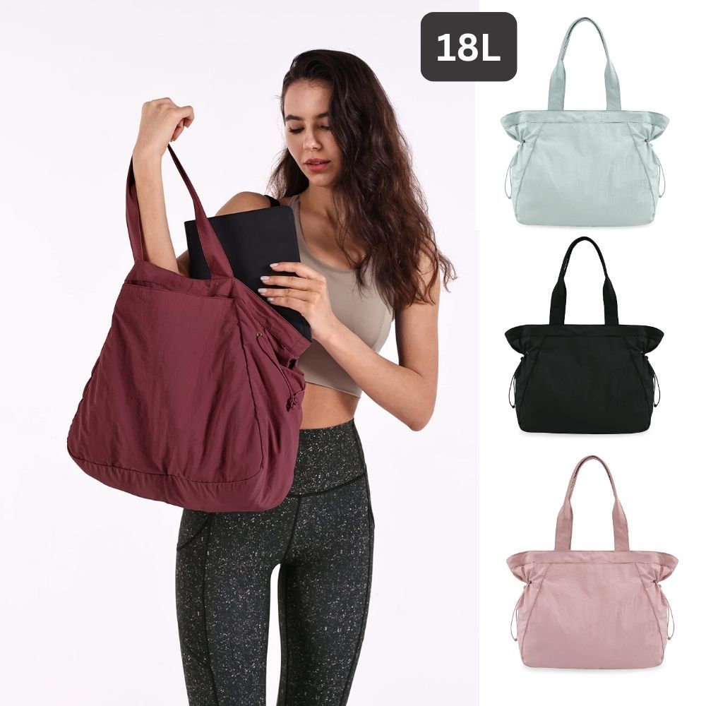 Lightweight Nylon Shopper Tote Bag 18L Side-Cinch Shoulder Bag - Black - Image 2