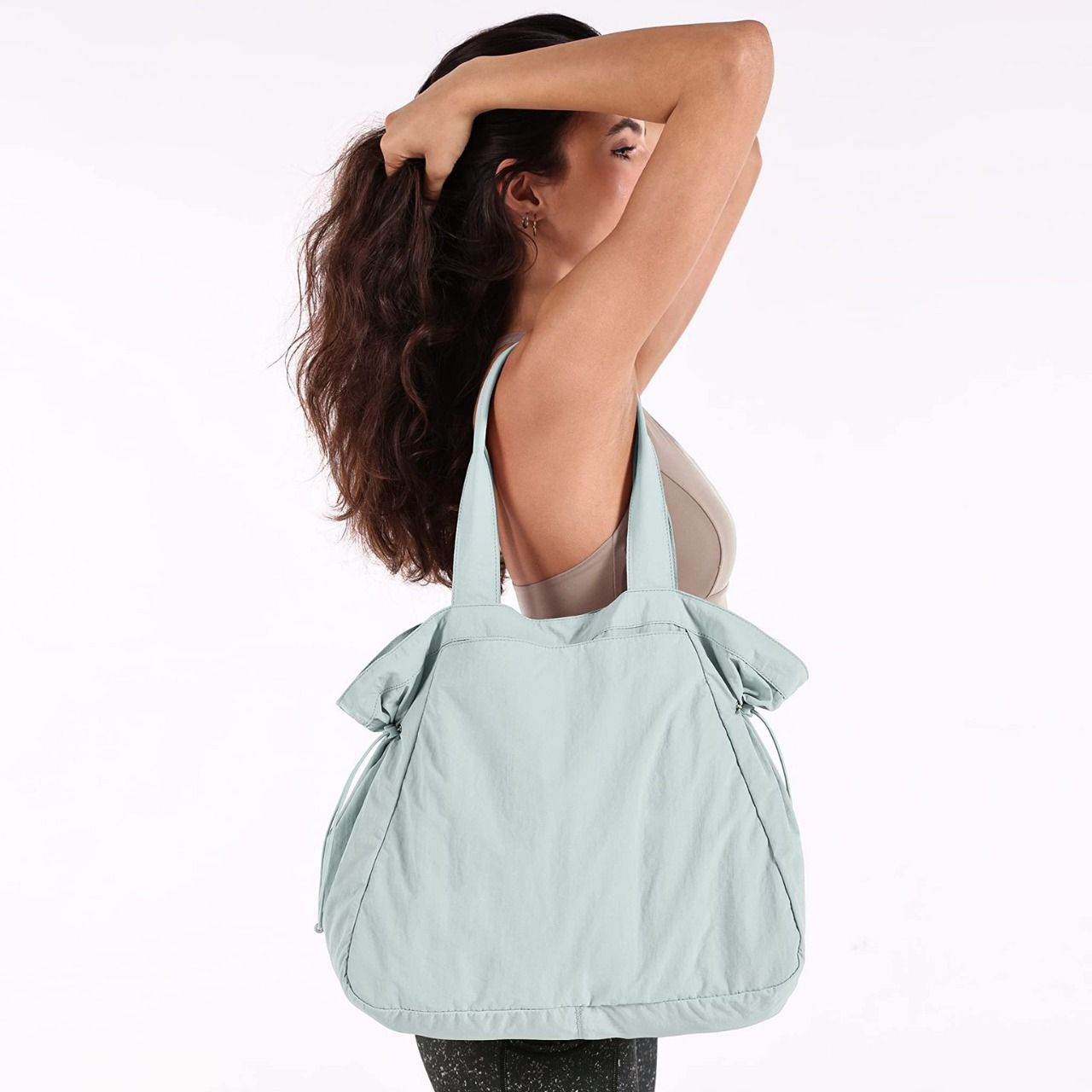 Lightweight Nylon Shopper Tote Bag 18L Side-Cinch Shoulder Bag - Mint - Image 5