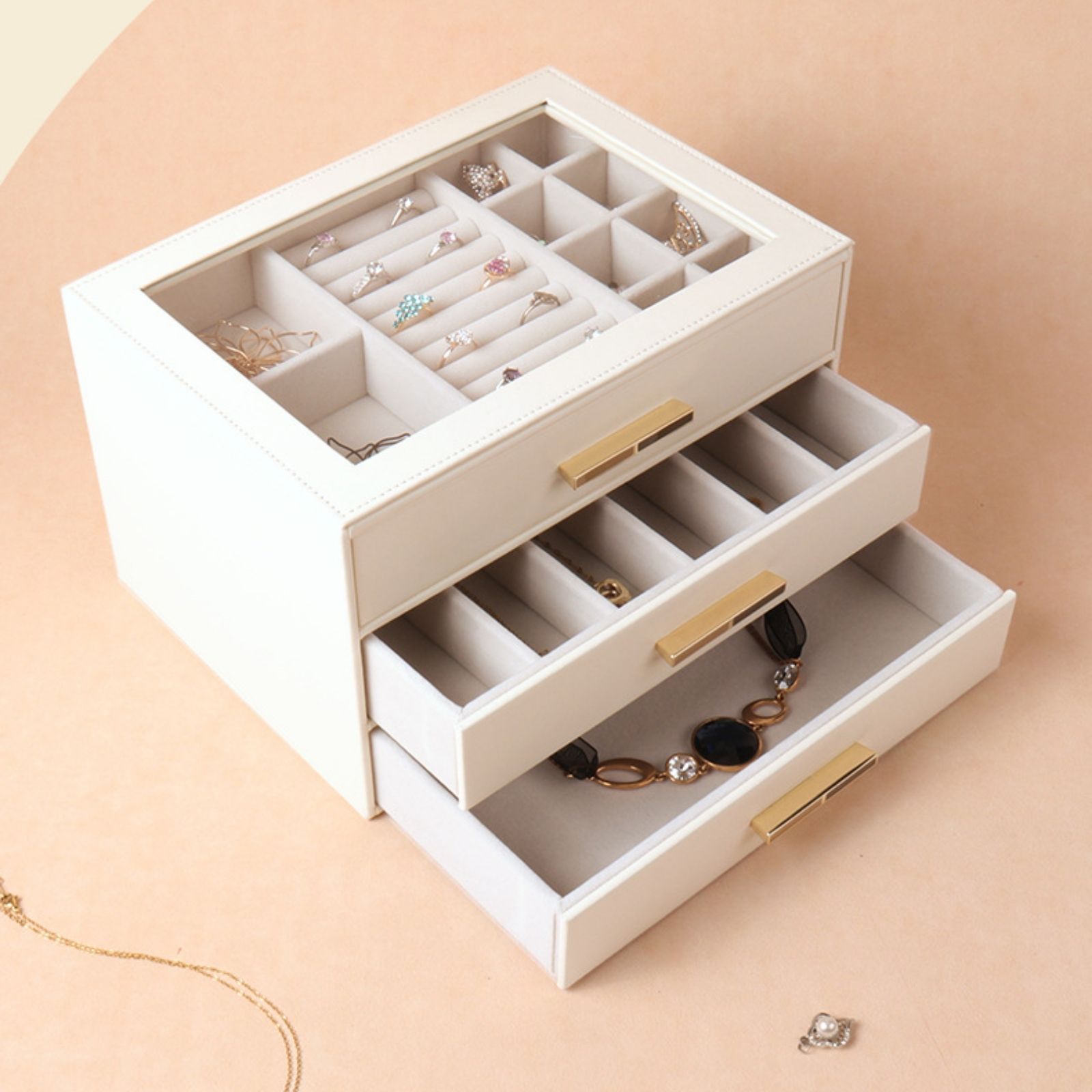 PU Leather Jewellery 3 Level Storage Box Drawer Organiser Gift - Image 1