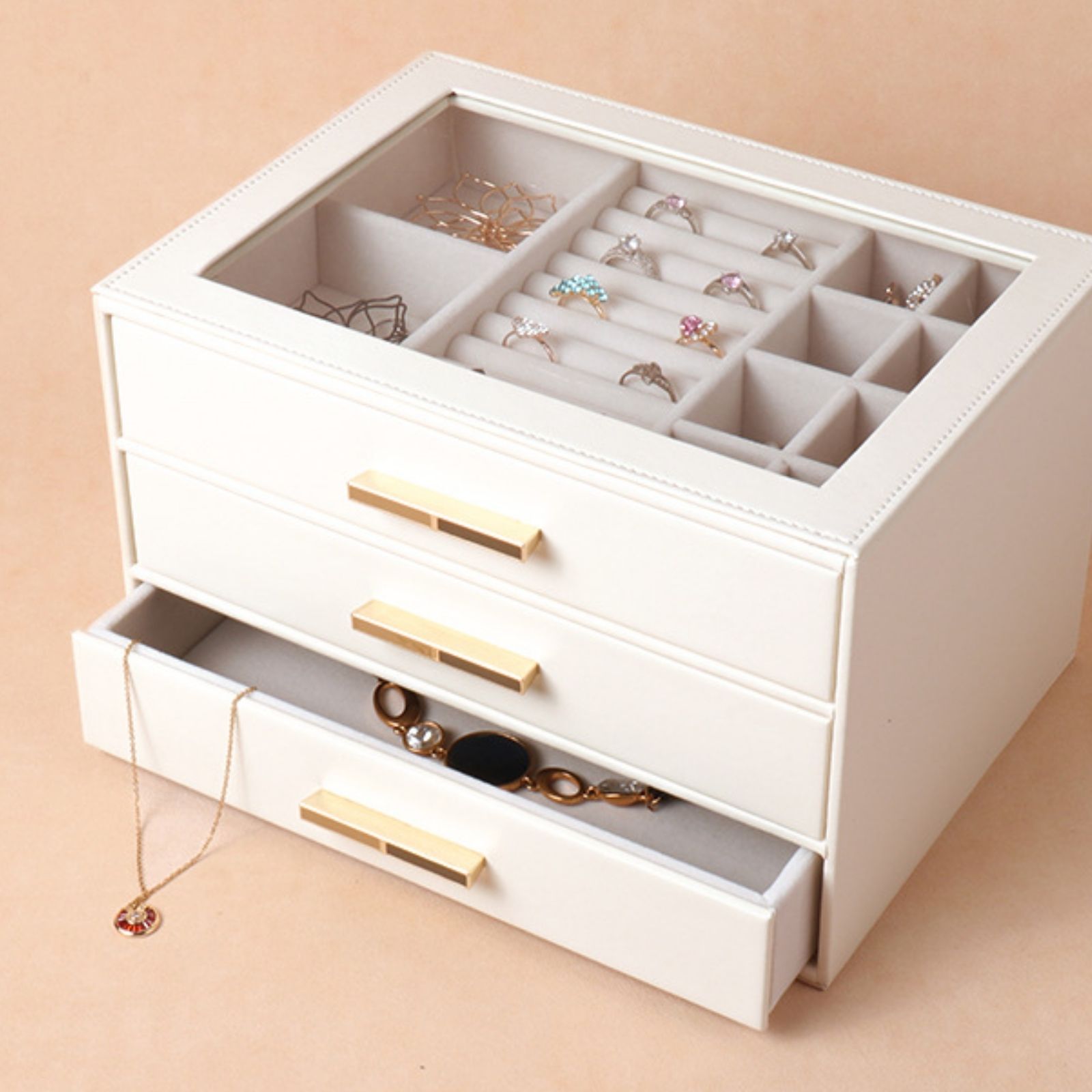 PU Leather Jewellery 3 Level Storage Box Drawer Organiser Gift - Image 2
